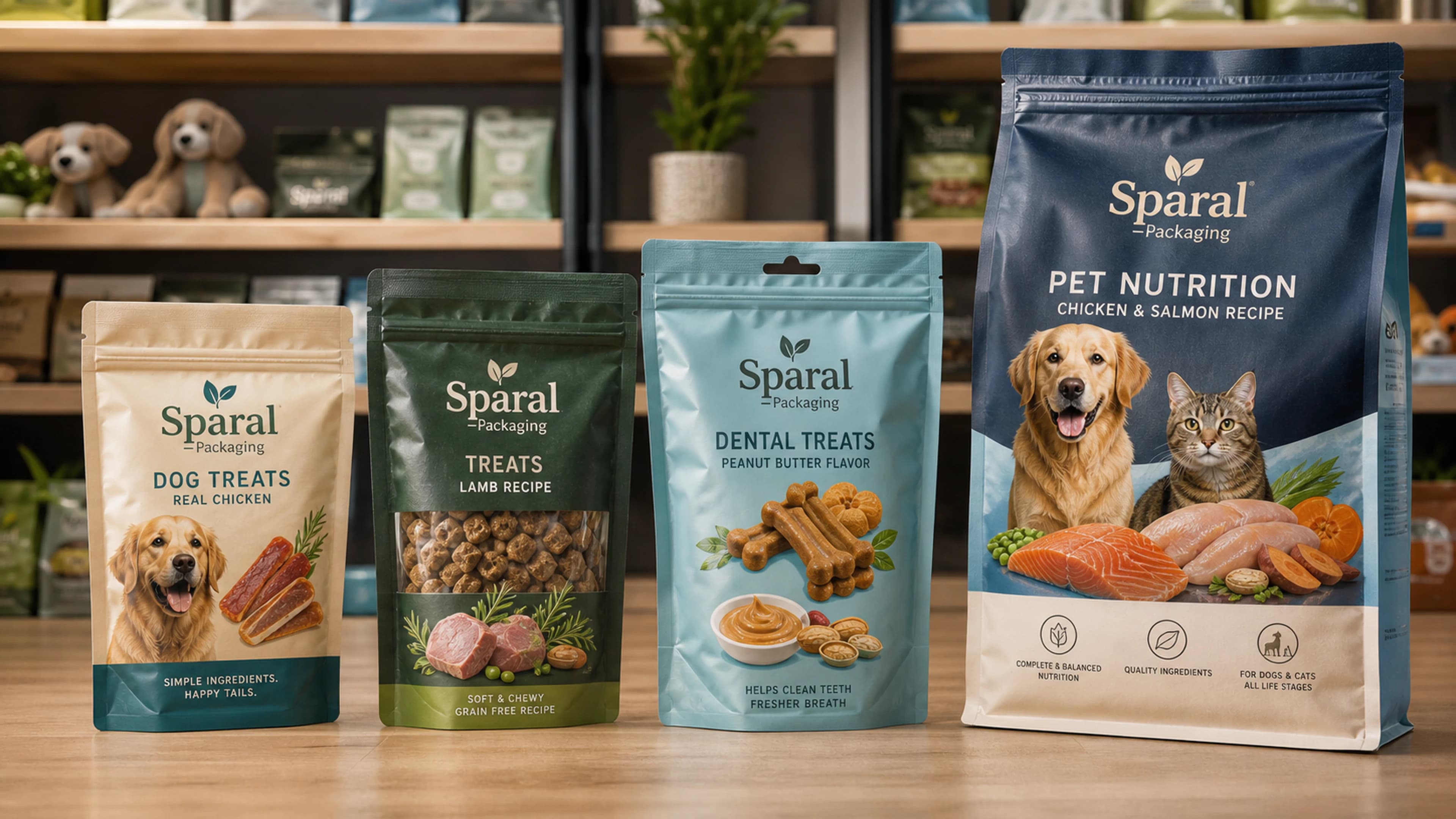 flat-bottom and stand-up cat food pouches for cat food by Sparal Packaging