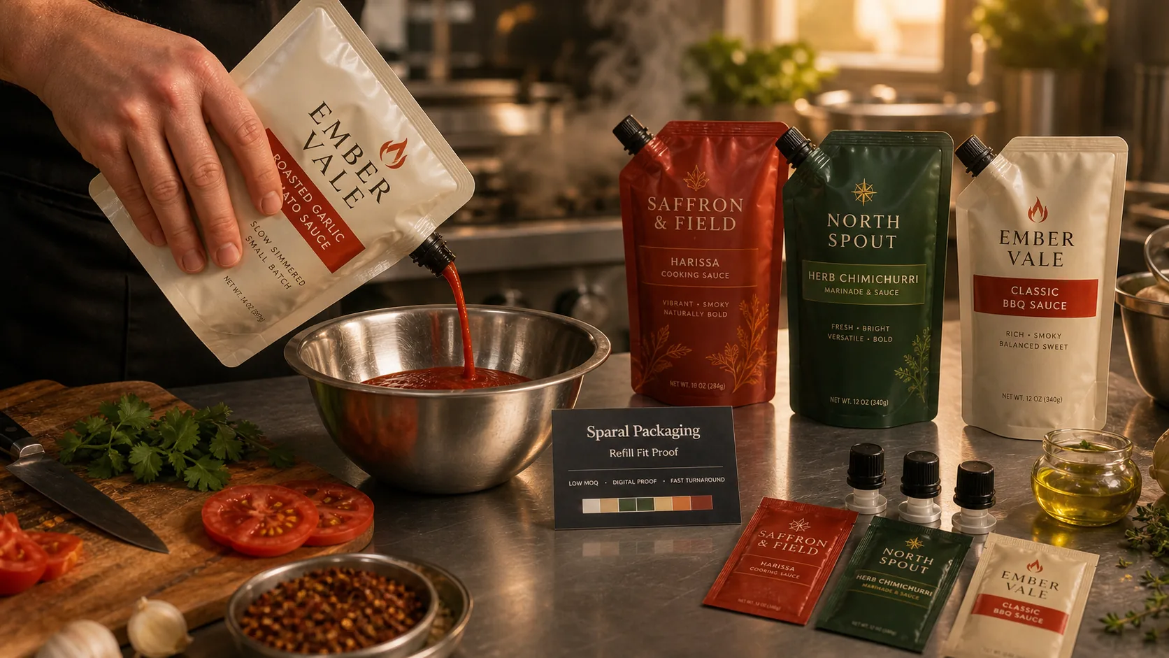 Low-MOQ sauce and liquid spout pouch scene in a restaurant prep kitchen with sauce pouring and Sparal Packaging proof card.