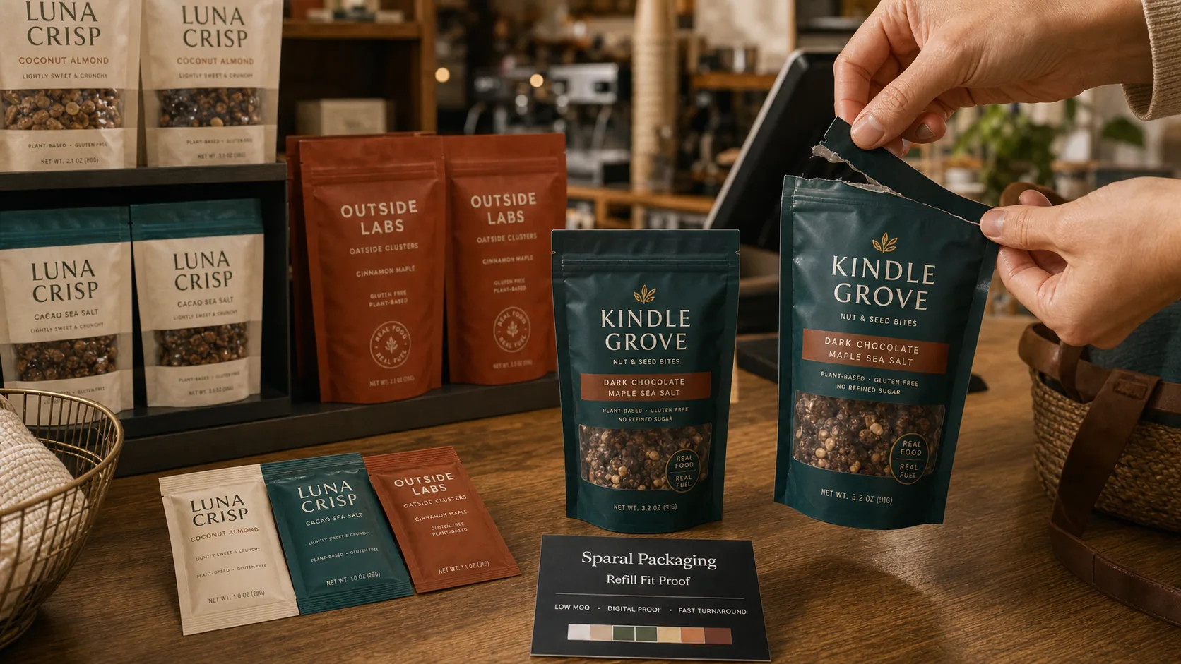 Low-MOQ snack pouch scene in a specialty cafe with clear-window snack pouch being torn open and Sparal Packaging proof card.