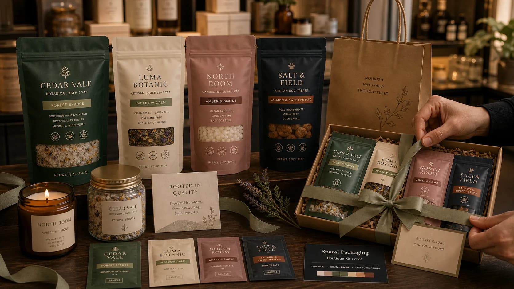 Specialty Retail pouch family with production and quote zones by Sparal Packaging