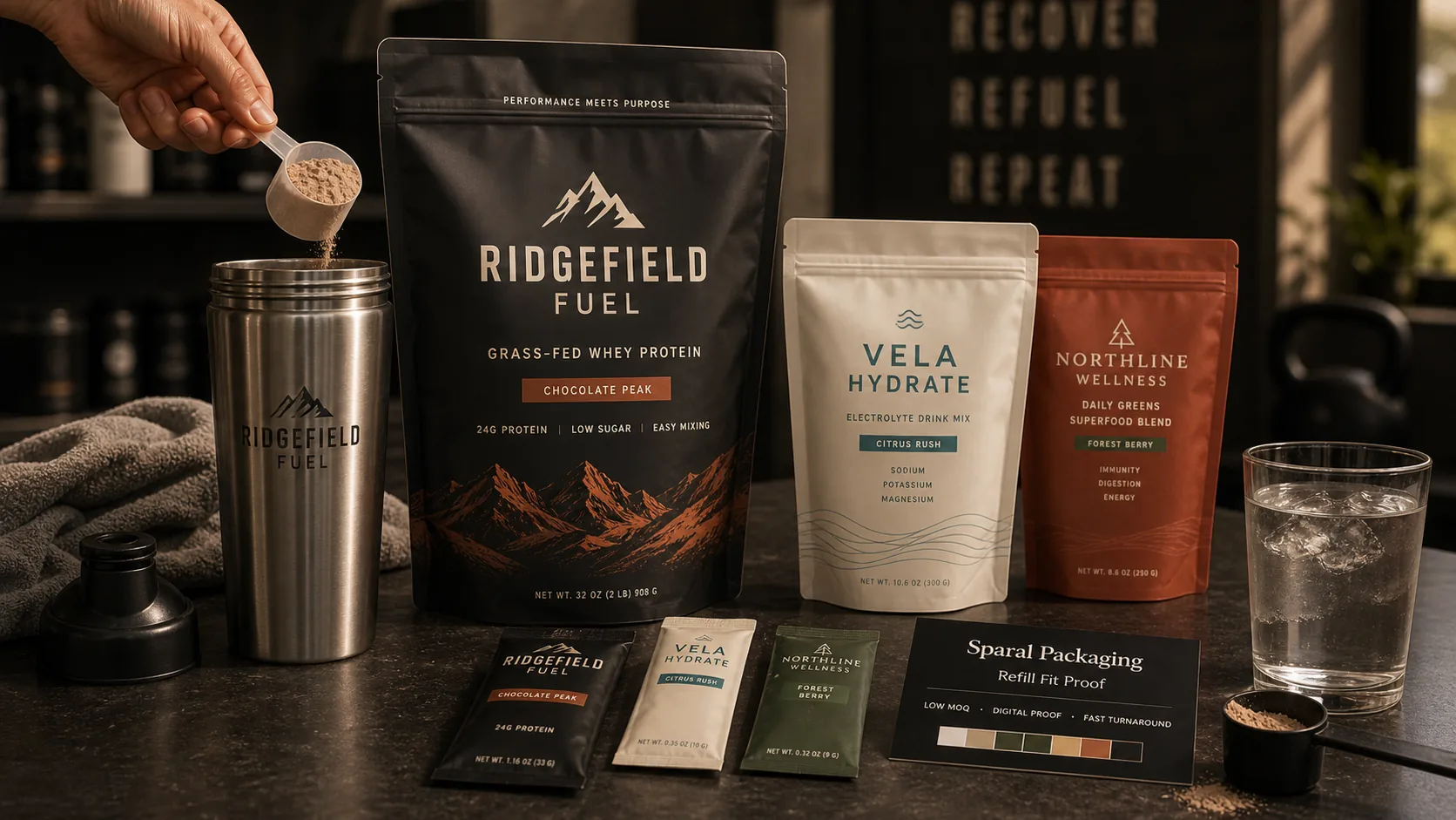 Low-MOQ supplement pouch scene in a gym recovery bar with protein pouch, shaker, stick packs, and Sparal Packaging proof card.