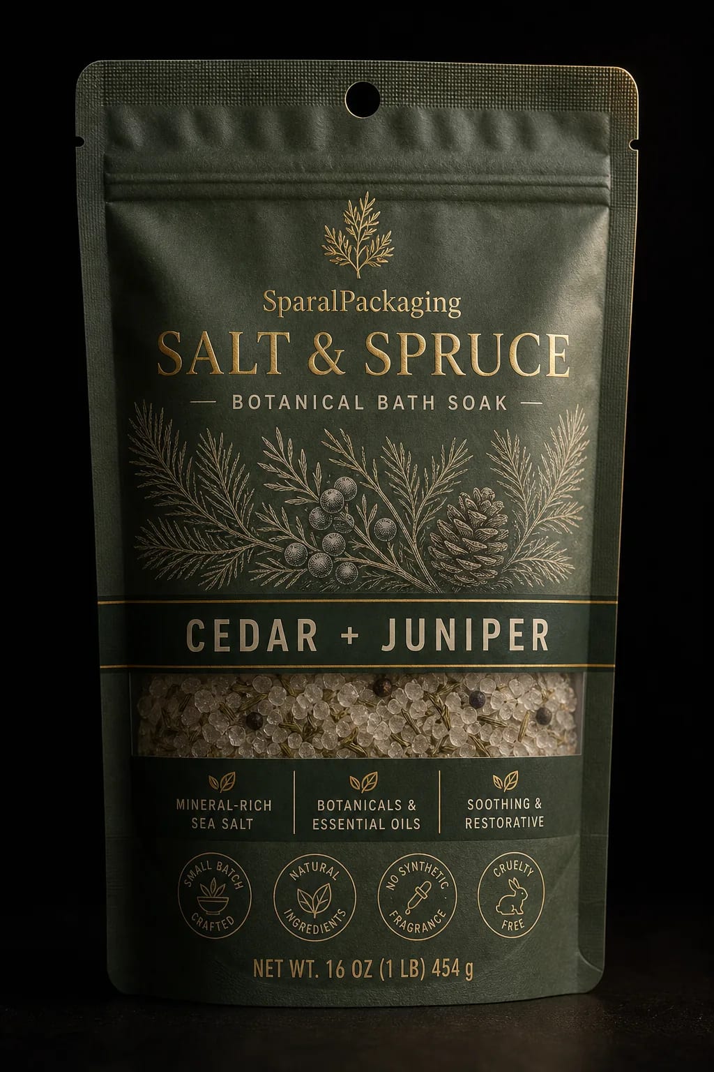 Gift-grade botanical bath soak pouch with gold foil accents — specialty retail packaging by Sparal Packaging
