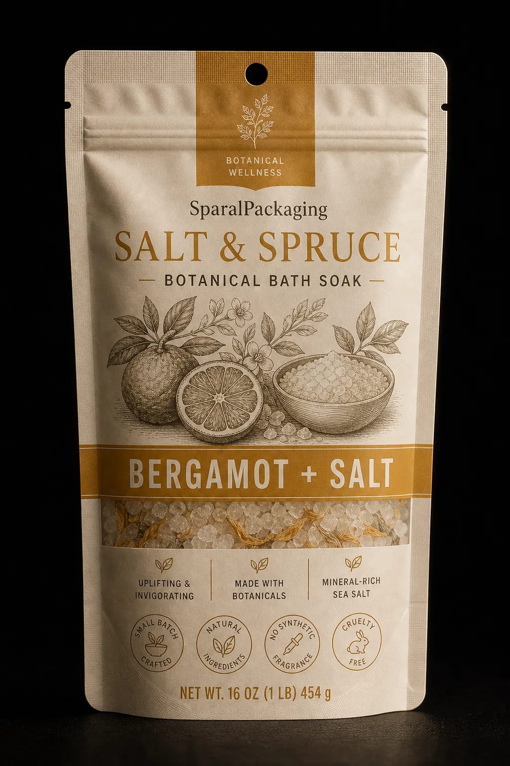Bergamot and salt scent colorway of the same bath soak pouch family — Sparal Packaging