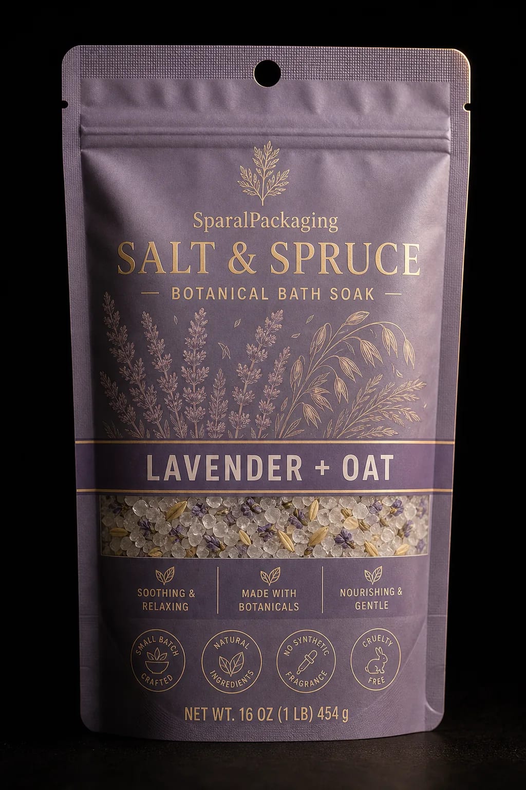 Lavender and oat scent colorway of the same bath soak pouch family — Sparal Packaging