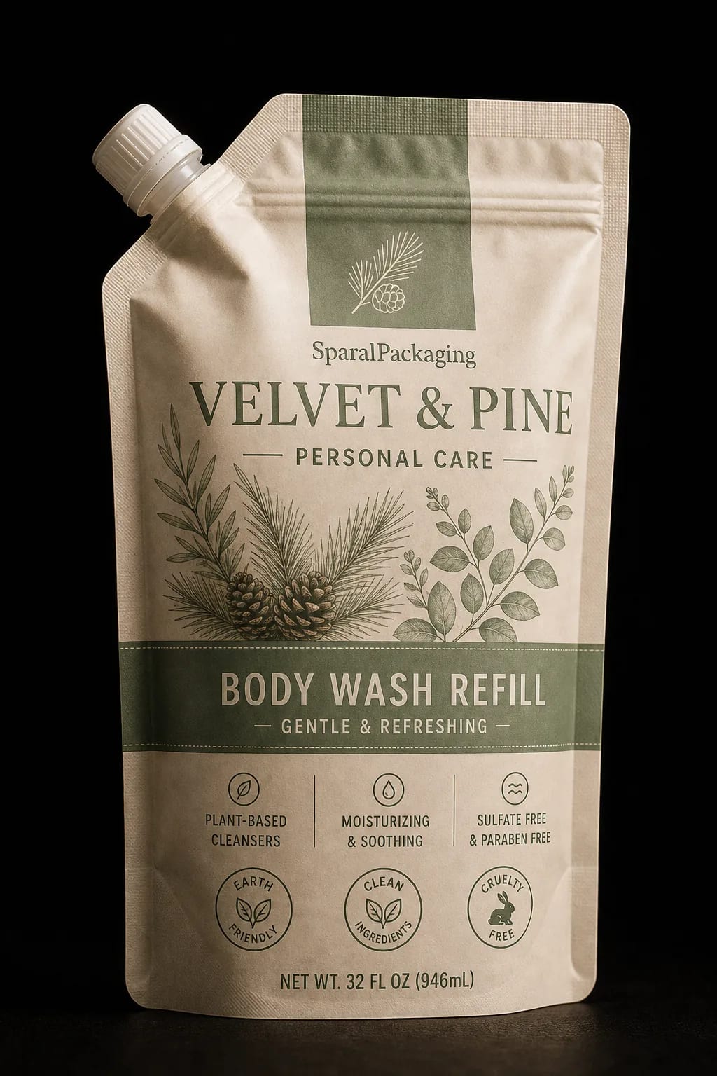 Fictional body wash refill spout pouch portrait