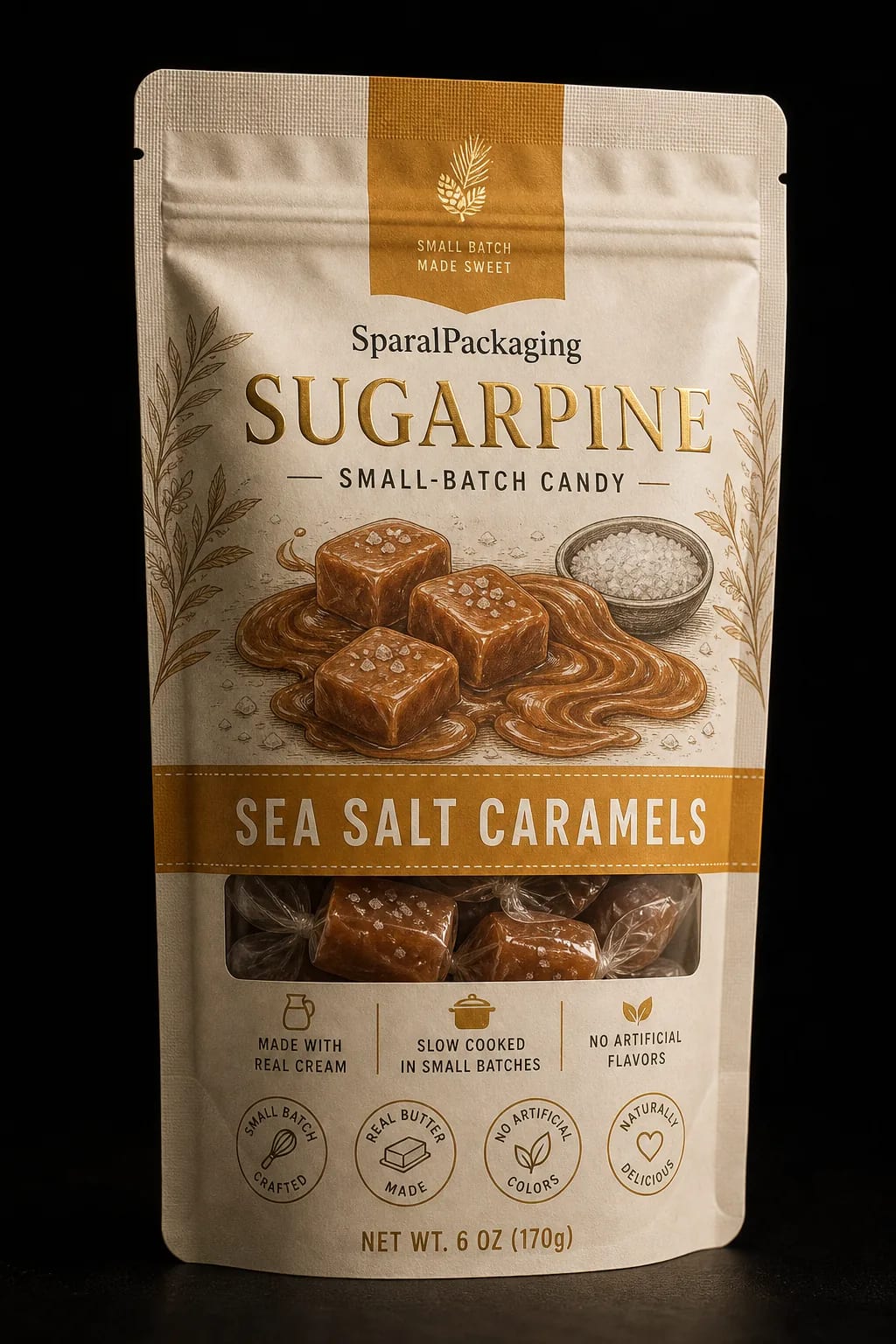 Sea salt caramels colorway of the same candy pouch family — Sparal Packaging