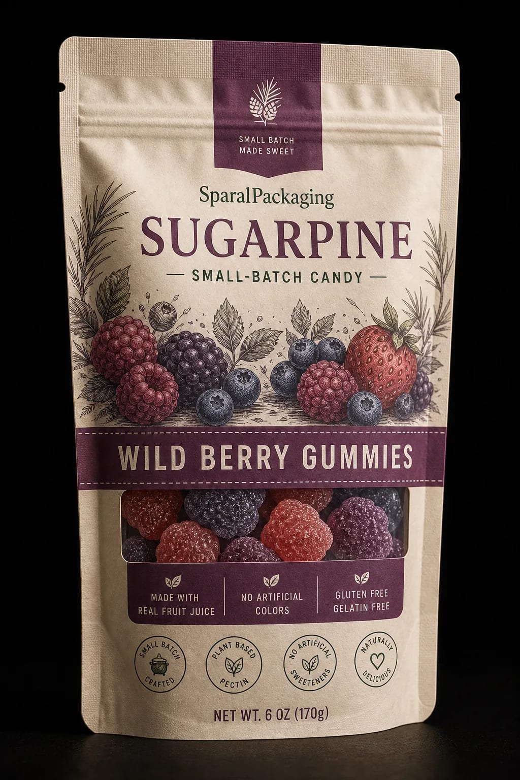Custom printed gummy candy pouch with clear window — confectionery packaging by Sparal Packaging
