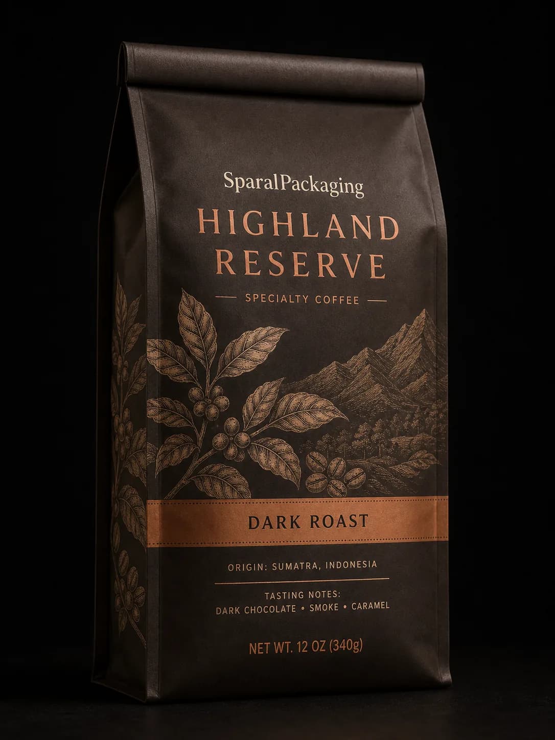 Dark roast colorway of a premium flat-bottom coffee pouch family — Sparal Packaging