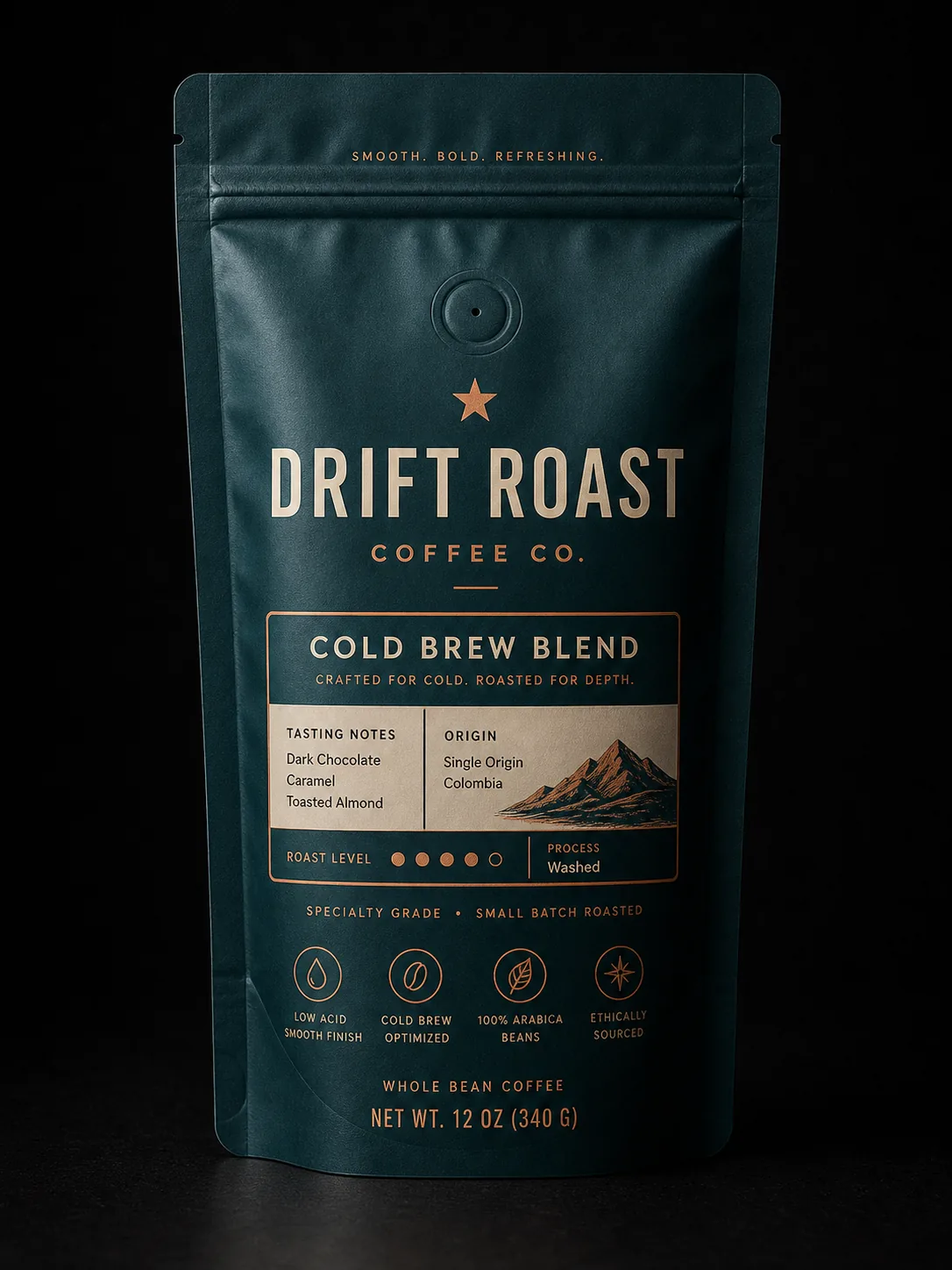 Dark roast colorway of the same coffee pouch layout system — multi-SKU printing by Sparal Packaging