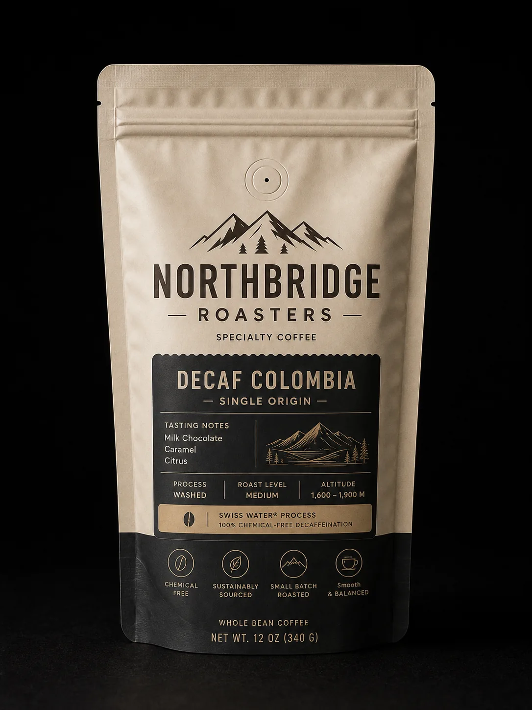 Decaf cream colorway of the same coffee pouch layout system — Sparal Packaging