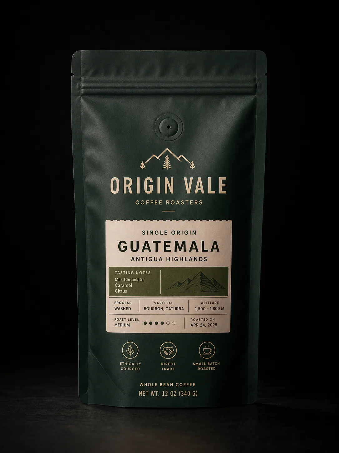 Origin Vale single-origin coffee pouch with degassing valve, tasting notes, and premium flat-bottom coffee packaging.