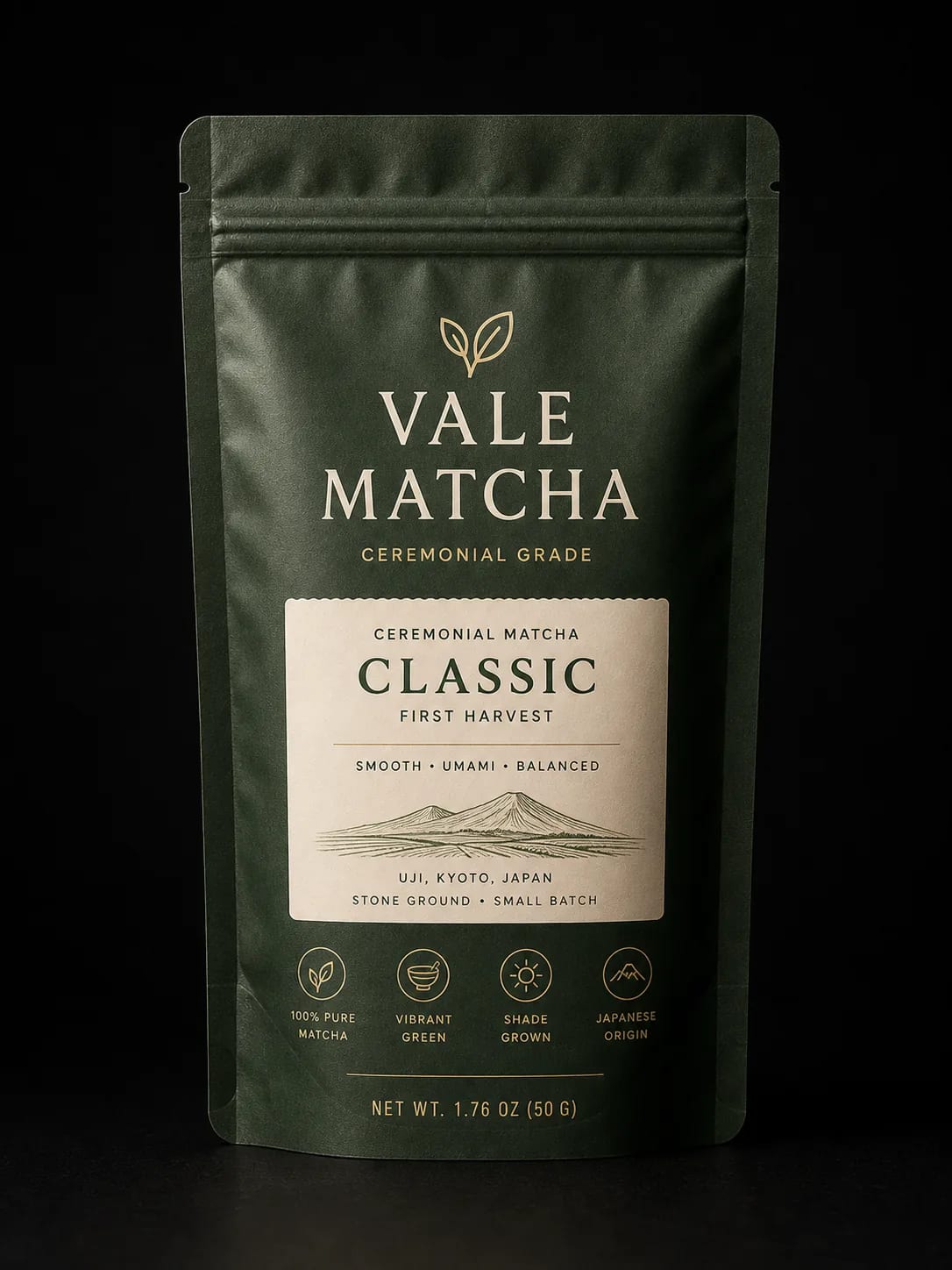 Vale Matcha ceremonial matcha stand-up pouch with premium tea packaging hierarchy and matte finish.