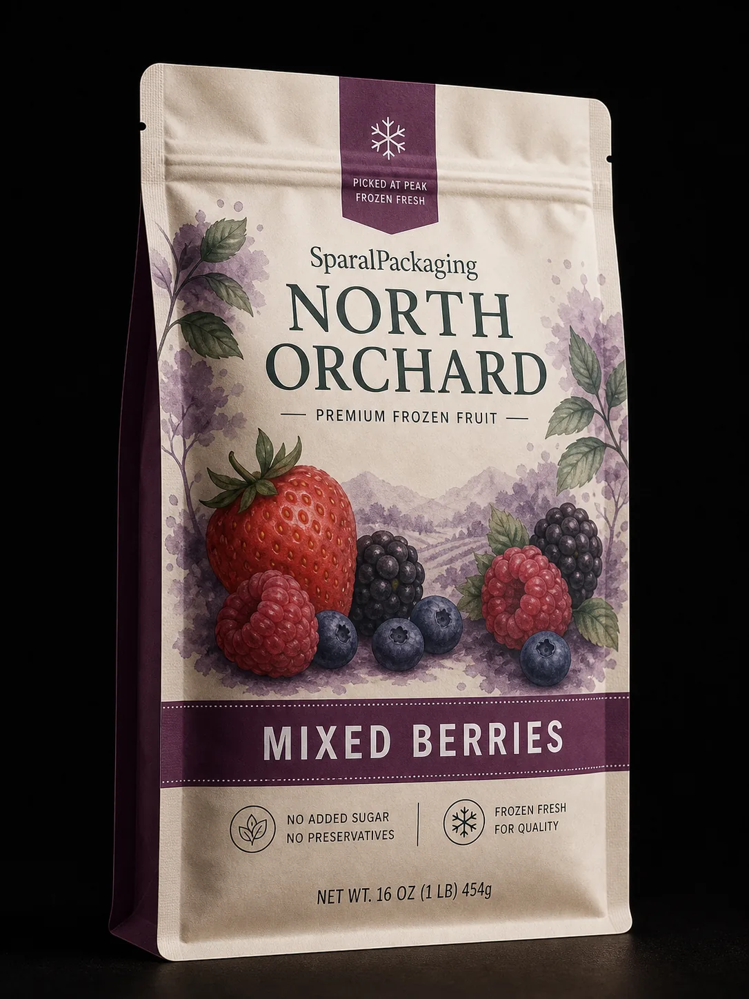 Mixed berries colorway of the same frozen fruit pouch family — Sparal Packaging