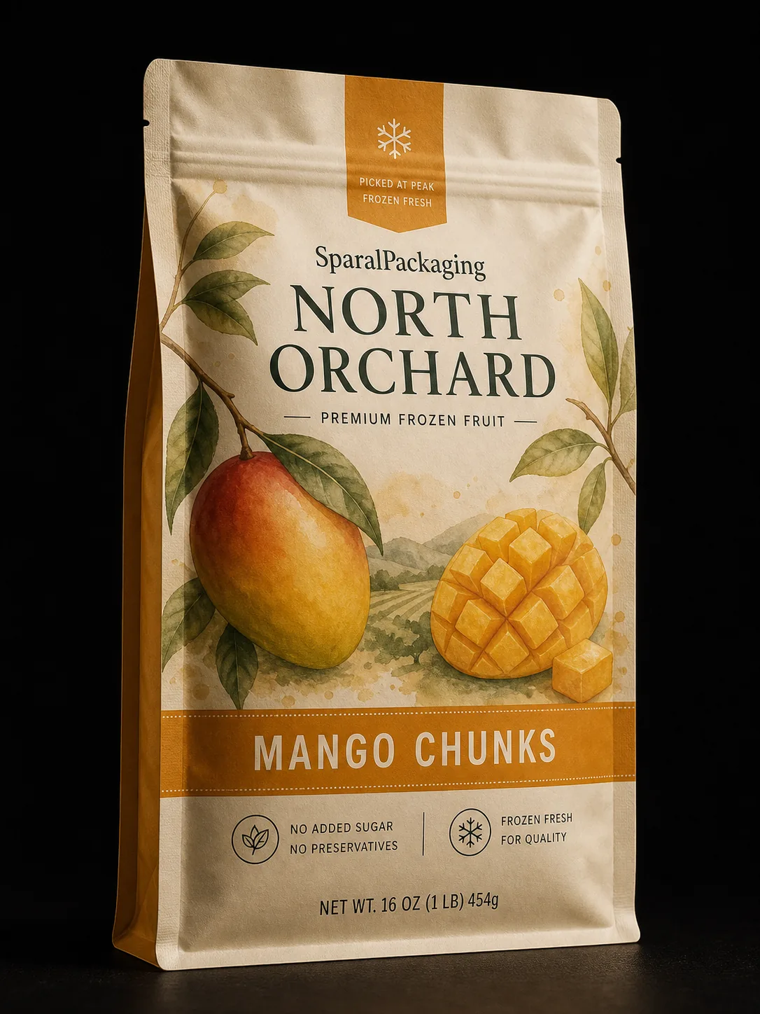 Mango chunks colorway of the same frozen fruit pouch family — Sparal Packaging