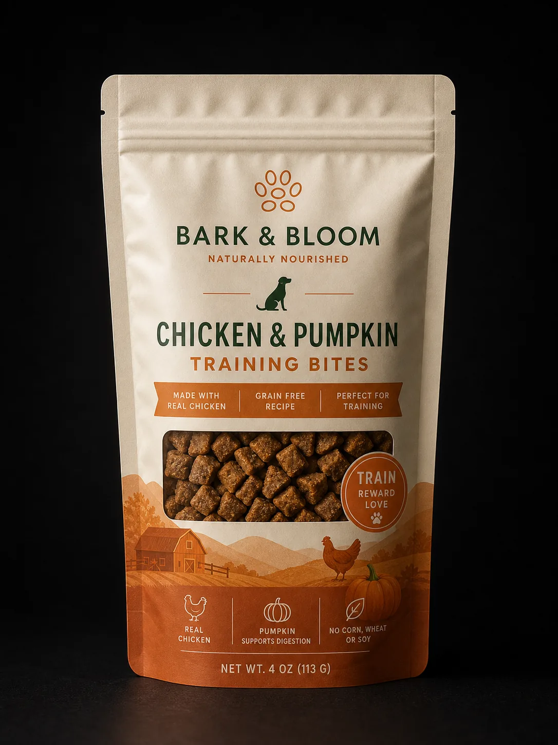 Chicken and pumpkin recipe colorway of the same dog treat pouch family — Sparal Packaging