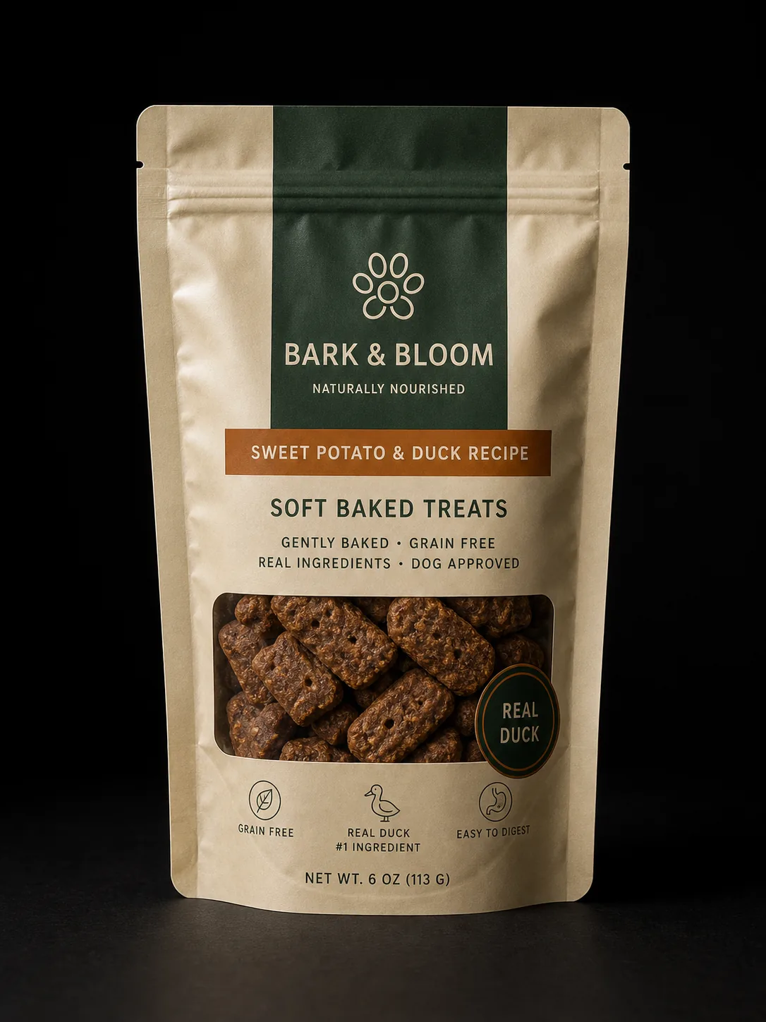 Bark and Bloom clear-window dog treat pouch with soft baked treats, full pet food packaging hierarchy, and matte finish.