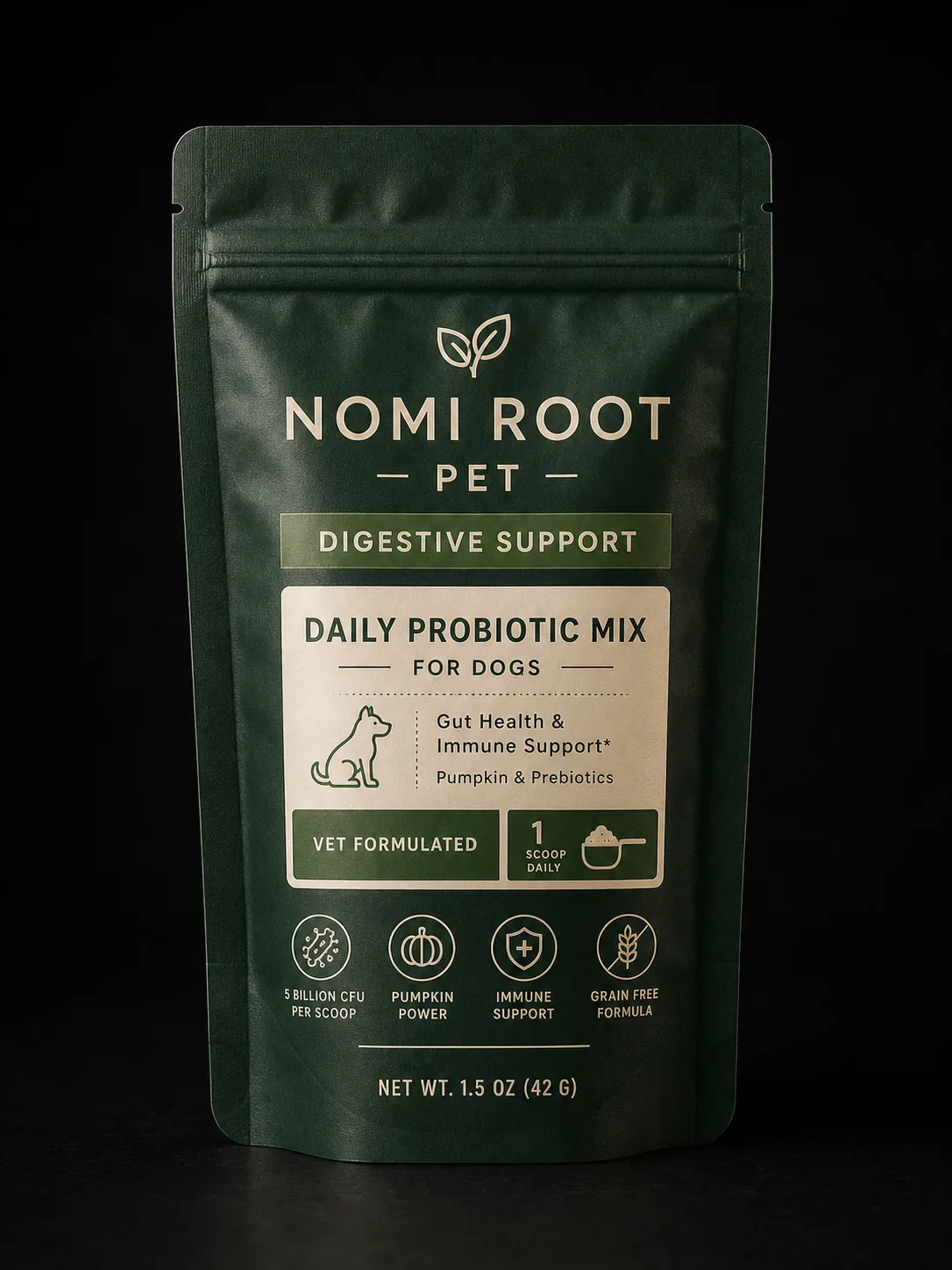 Nomi Root Pet daily probiotic mix pouch with digestive support claims, dosage cues, and resealable pet supplement packaging.