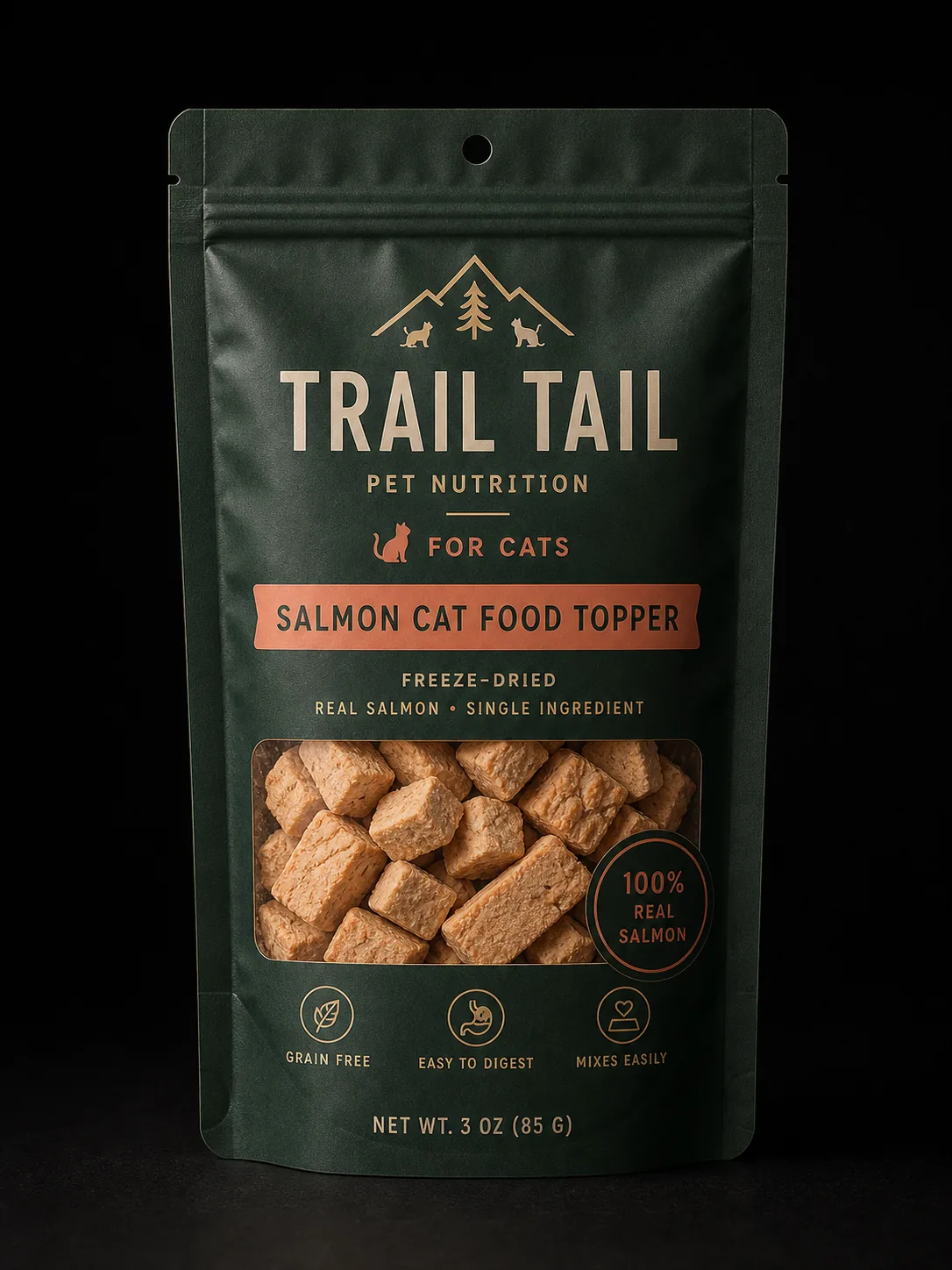 Trail Tail salmon cat food topper pouch with clear window, feeding cues, and low-MOQ pet food packaging structure.