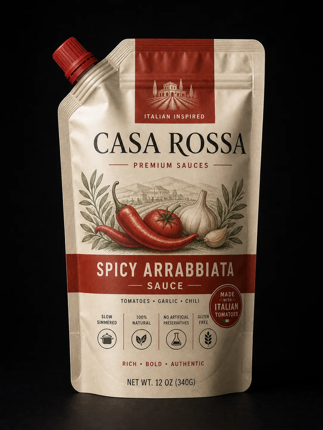 Arrabbiata colorway of the same sauce spout pouch family — Sparal Packaging