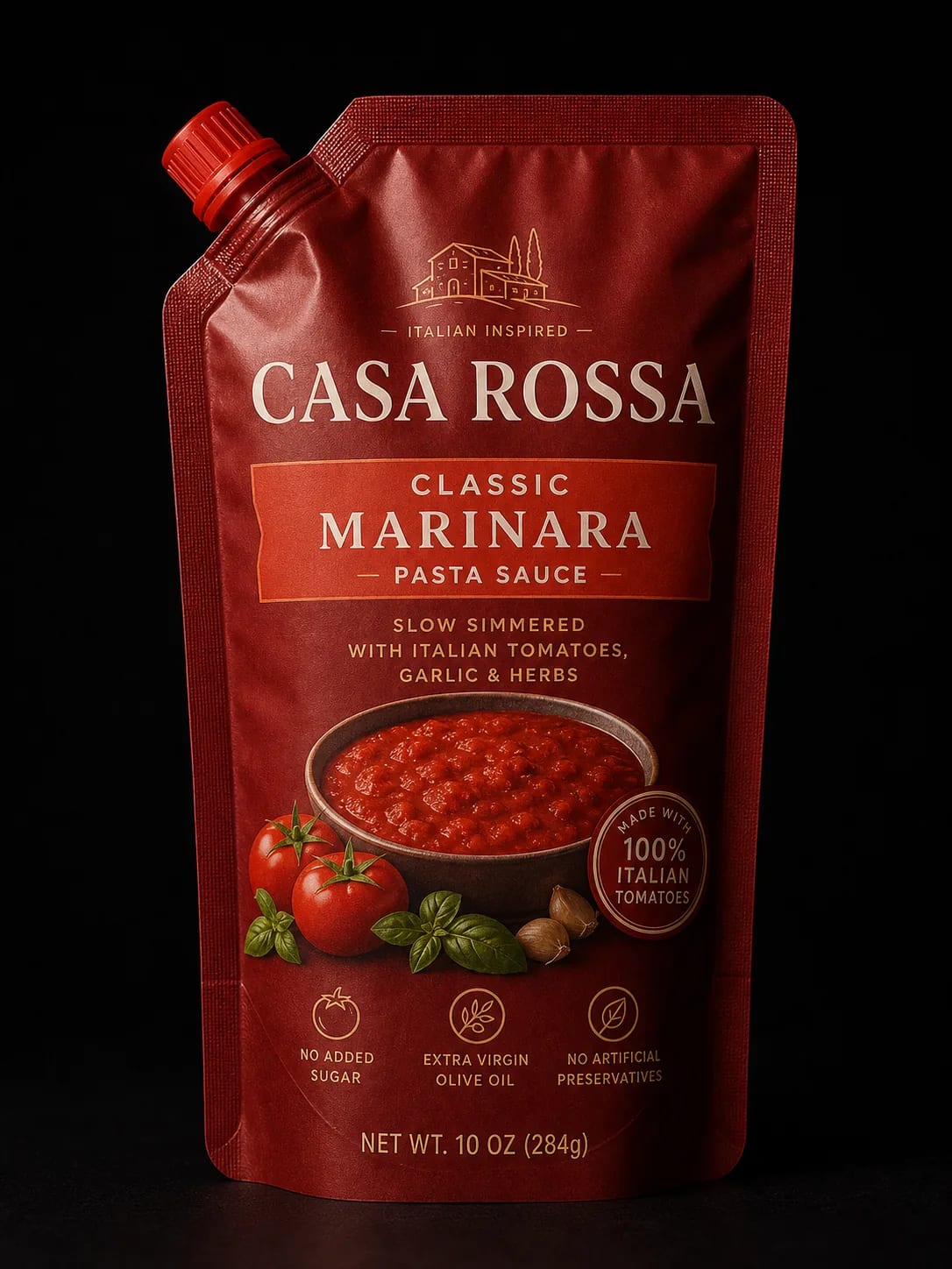 Custom printed marinara sauce spout pouch with welded cap — liquid packaging by Sparal Packaging