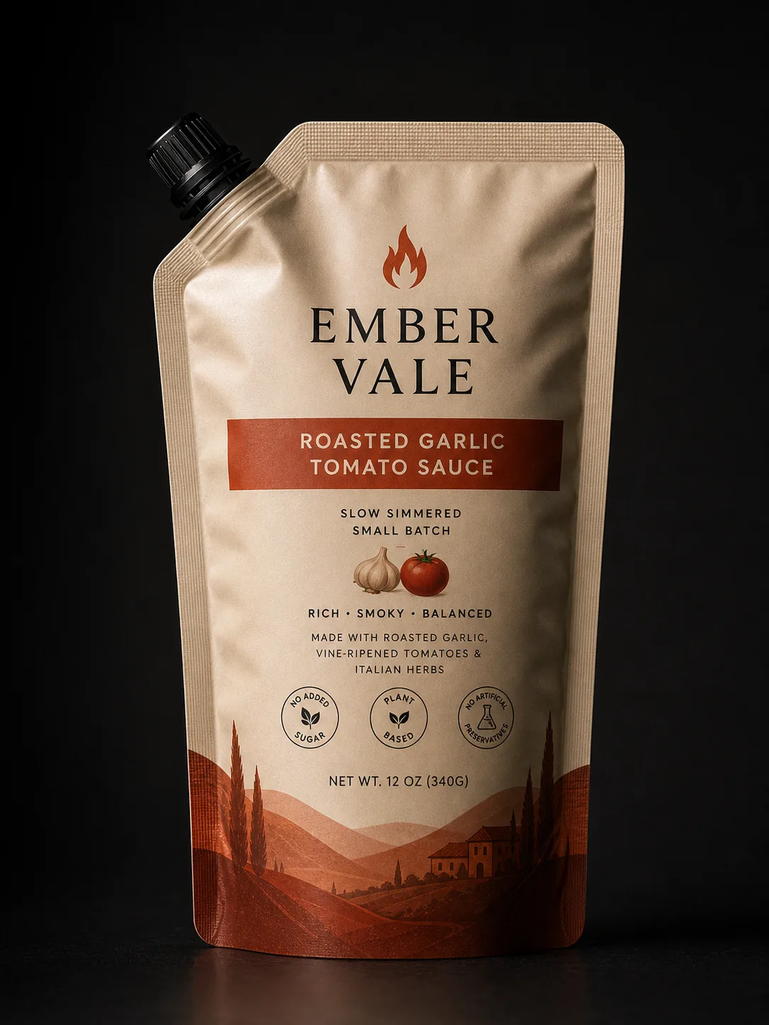 Ember Vale roasted garlic tomato sauce spout pouch with black cap, welded fitment, and liquid packaging label hierarchy.