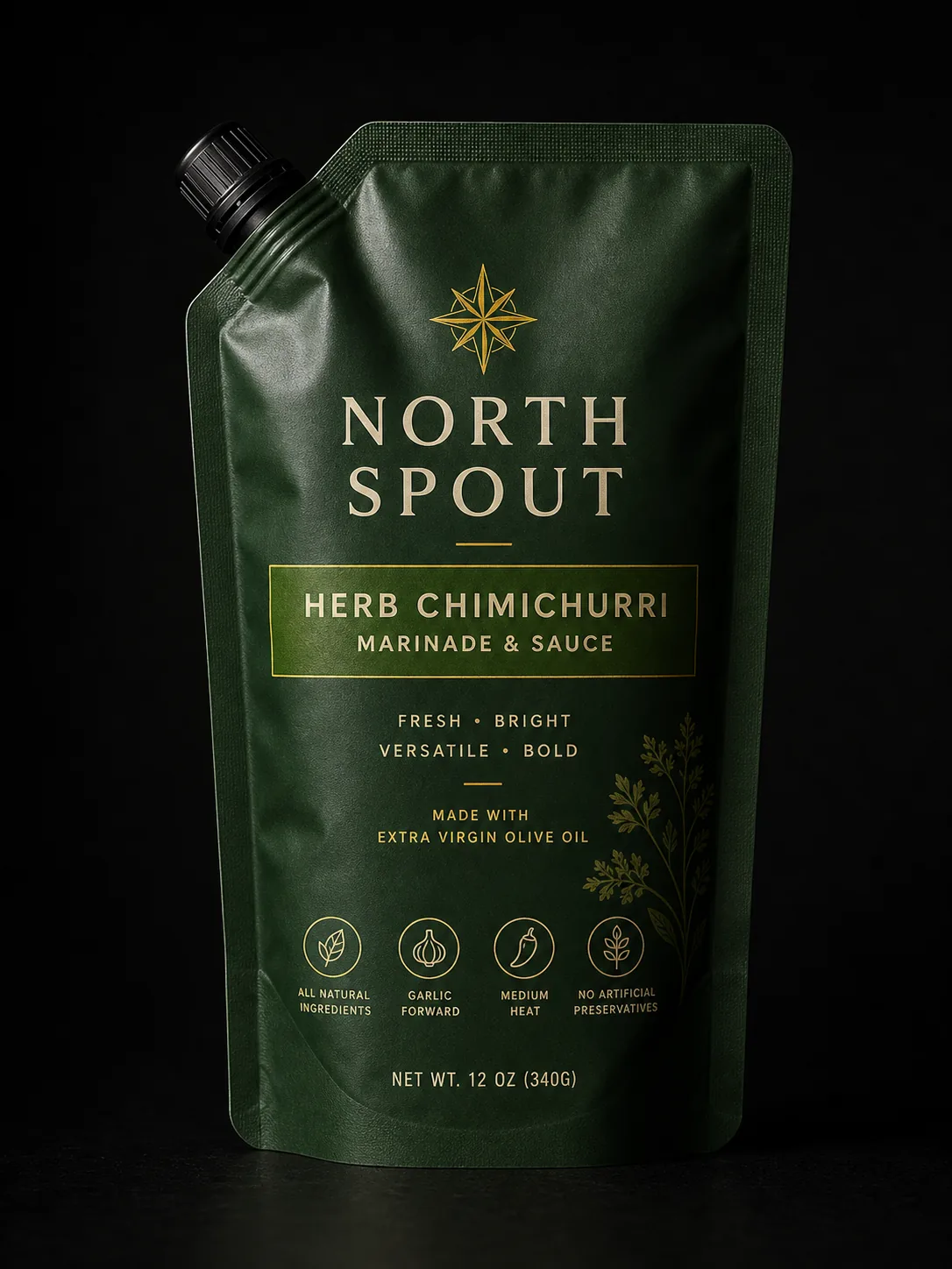 North Spout herb chimichurri marinade spout pouch with deep green matte film, black cap, and sauce packaging cues.
