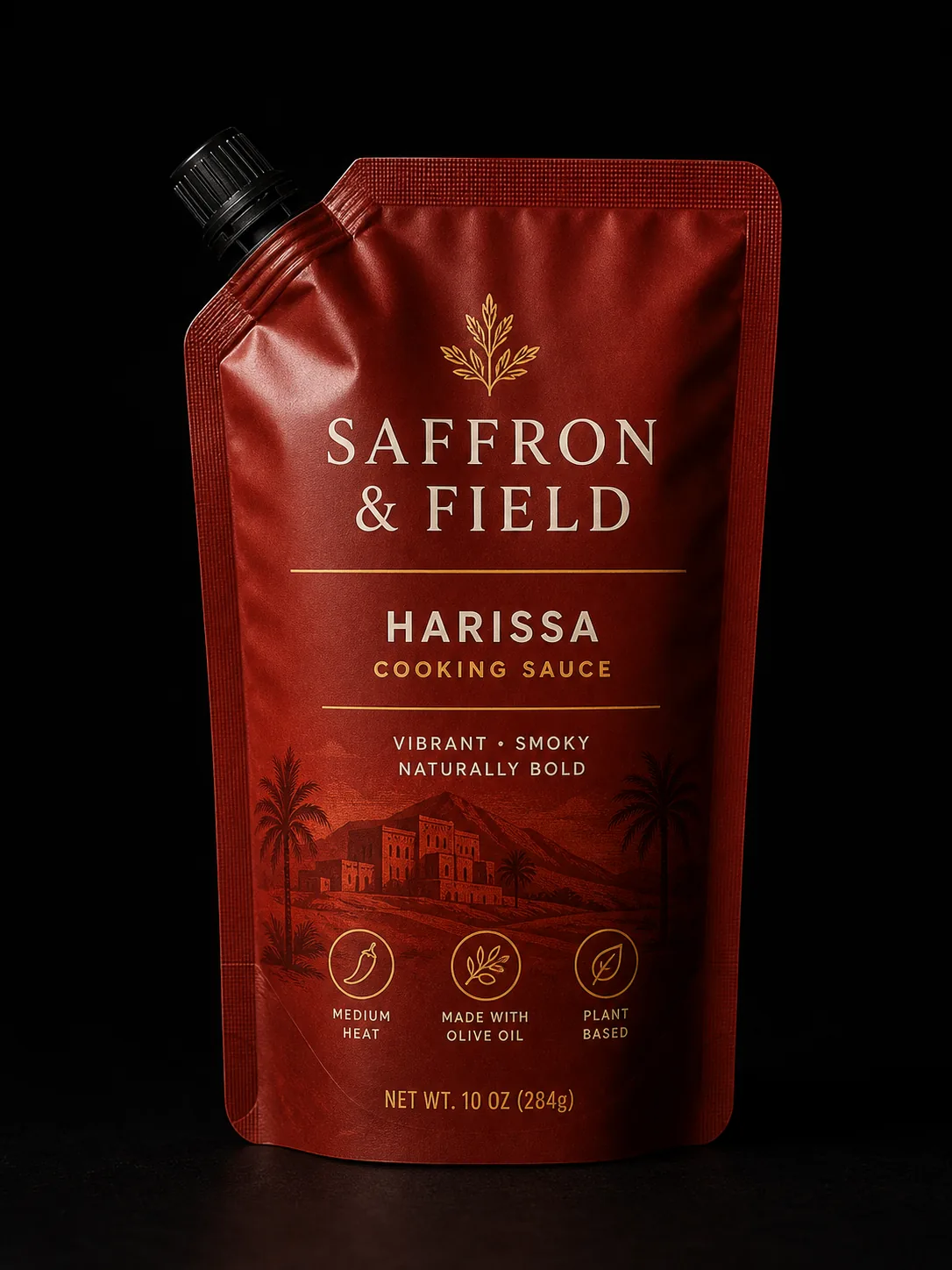 Saffron and Field harissa cooking sauce spout pouch with red matte film, black cap, and liquid pouch packaging structure.