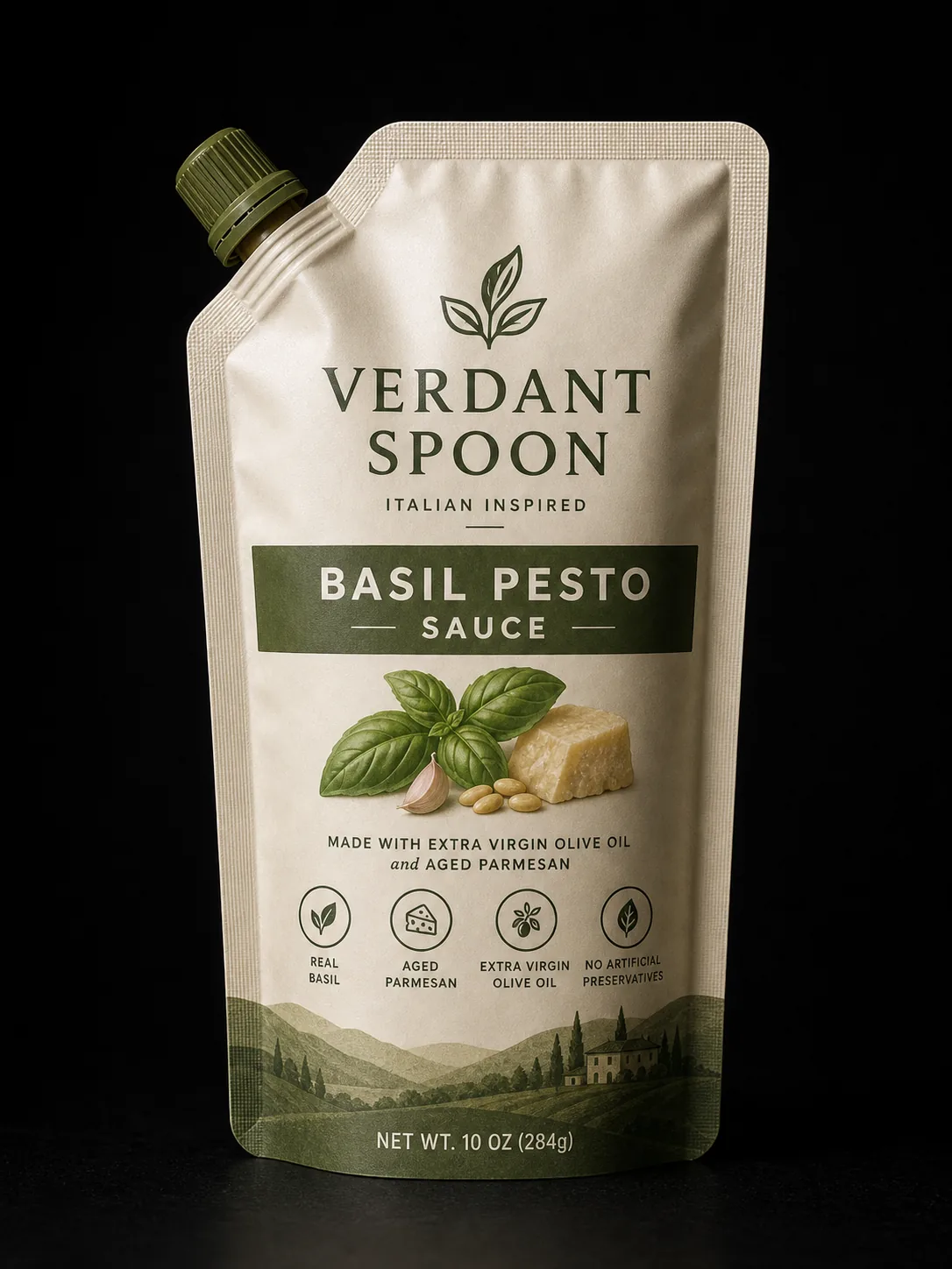 Basil pesto colorway of the same sauce spout pouch family — Sparal Packaging