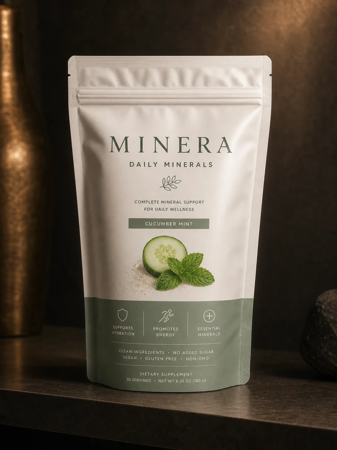 Pearl white and sage Minera daily minerals supplement stand-up pouch with cucumber mint wellness branding.