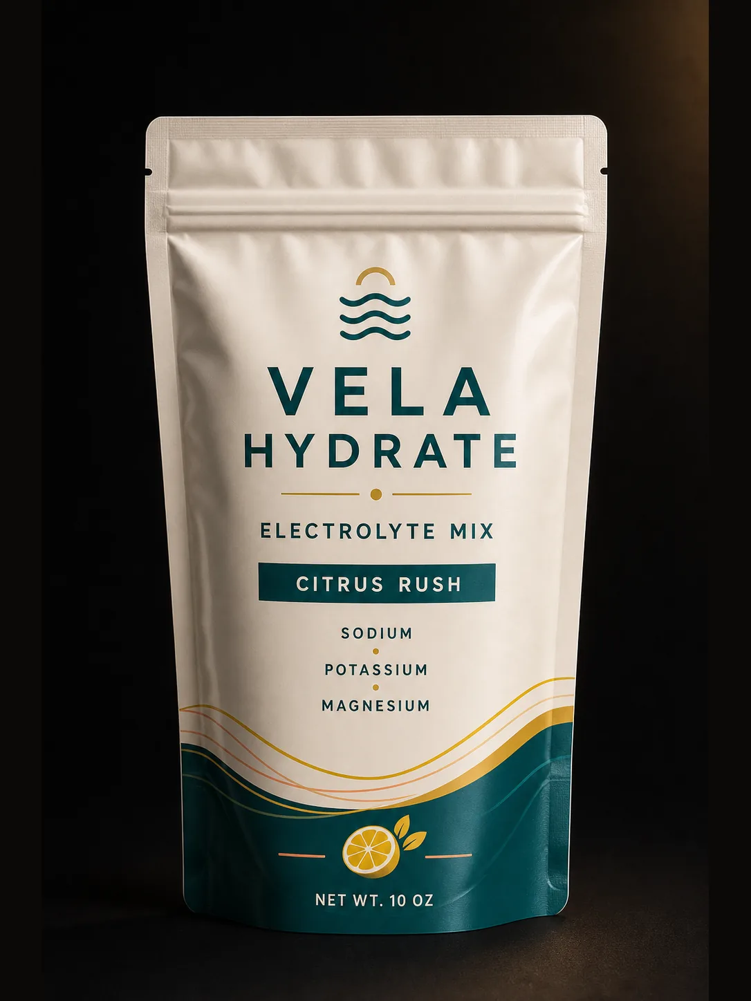 Pearl white and teal Vela Hydrate electrolyte mix stand-up pouch with citrus rush flavor and mineral callouts.