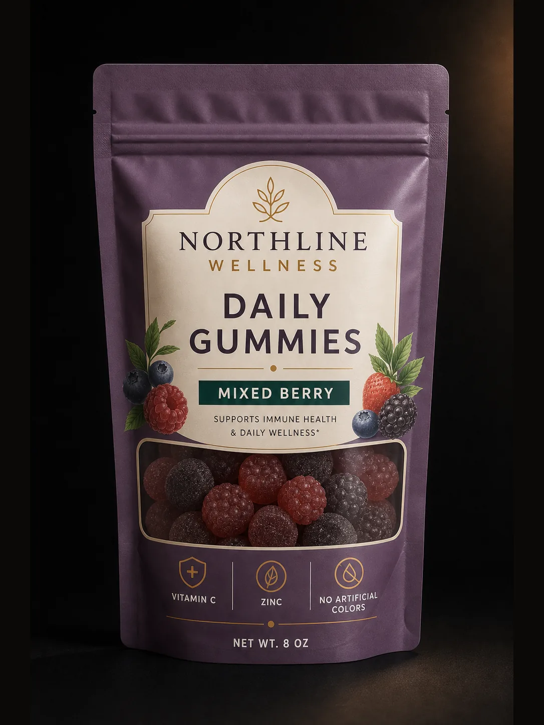 Purple Northline Wellness daily gummies pouch with clear window, mixed berry flavor, and visible gummy product.
