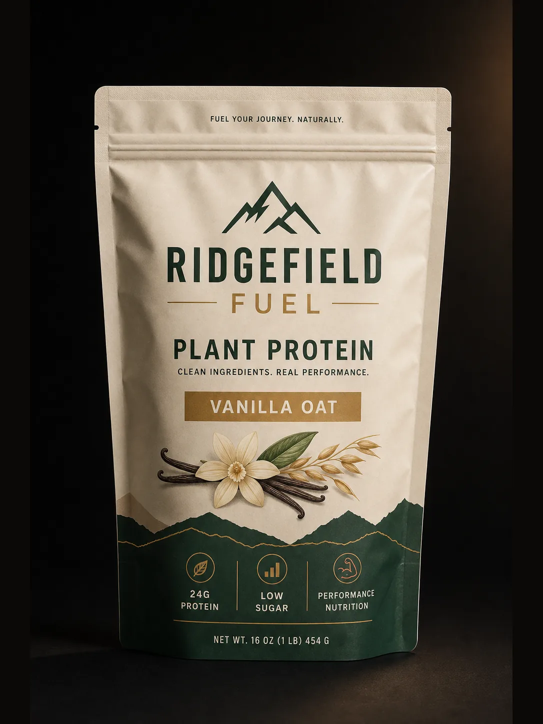 Cream and forest green Ridgefield Fuel plant protein stand-up pouch with vanilla oat flavor and full retail label hierarchy.