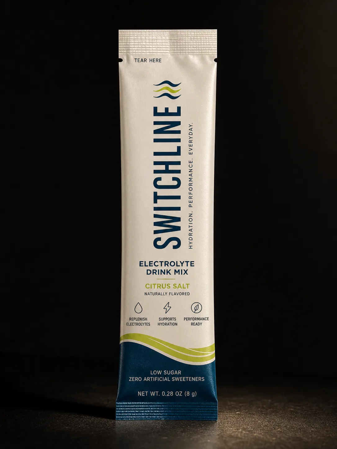 Ivory Switchline electrolyte drink mix single-serve stick pack with blue and lime sports wellness branding.