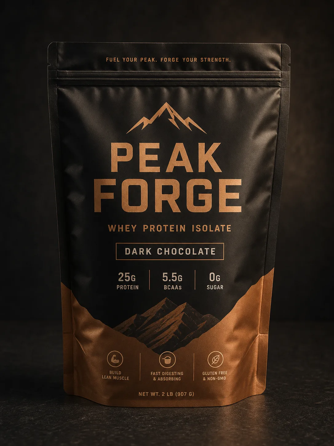Matte black and bronze Peak Forge whey protein isolate high-barrier stand-up pouch with dark chocolate supplement branding.
