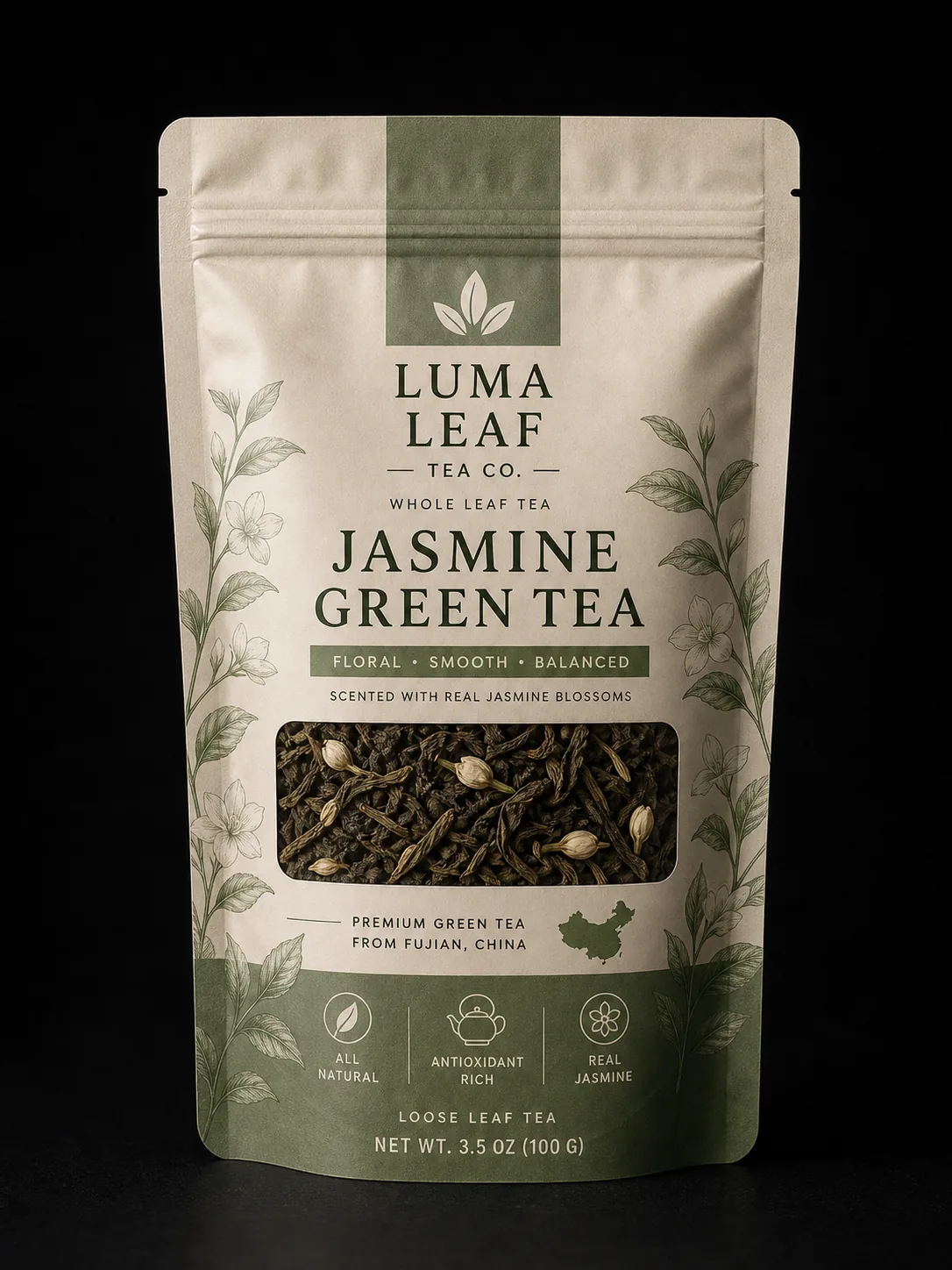Side-gusset loose leaf tea bag with botanical pattern — tea packaging by Sparal Packaging