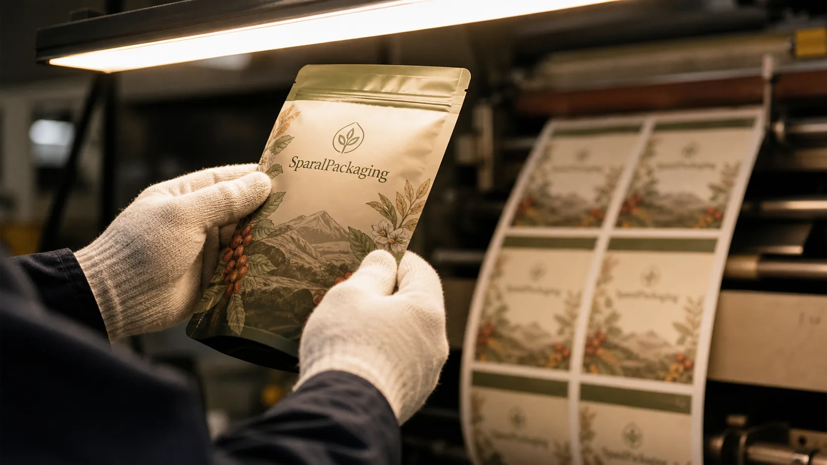 Gloved hands inspecting a freshly printed pouch under the press light at Sparal Packaging