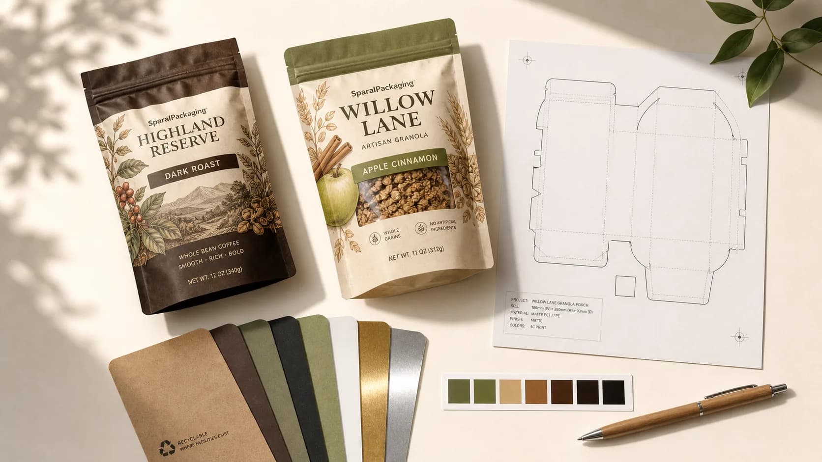 What to send for a packaging quote — printed pouches, a dieline drawing, material swatches and color chips on a project desk at Sparal Packaging