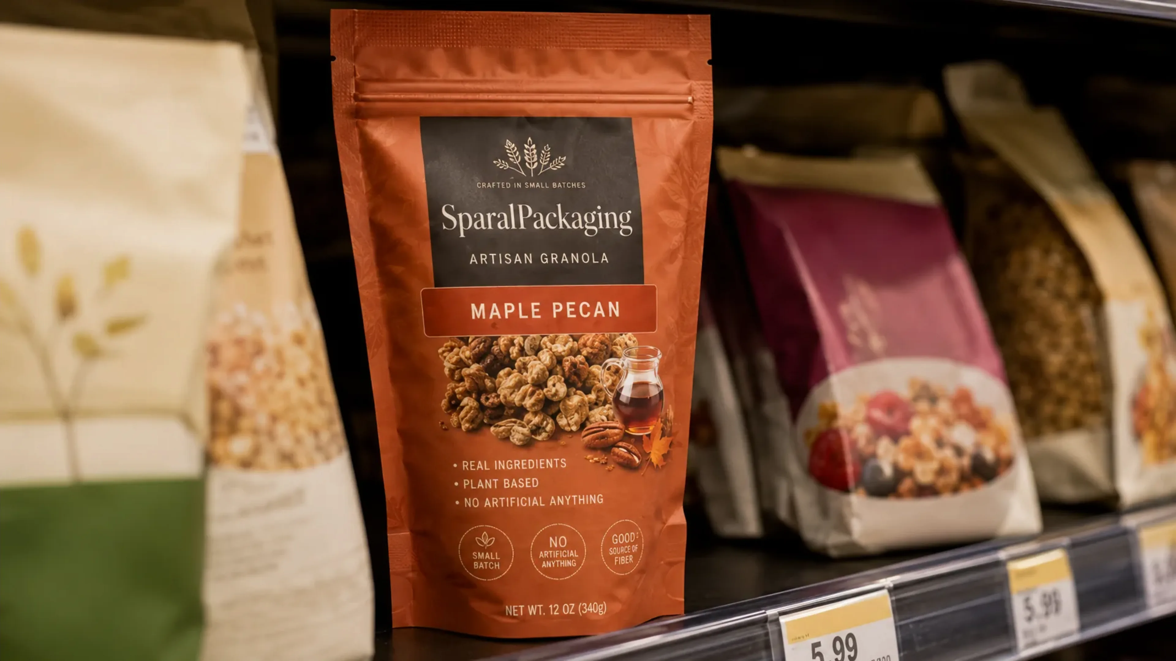 Custom printed granola pouch standing on a supermarket shelf among competitors