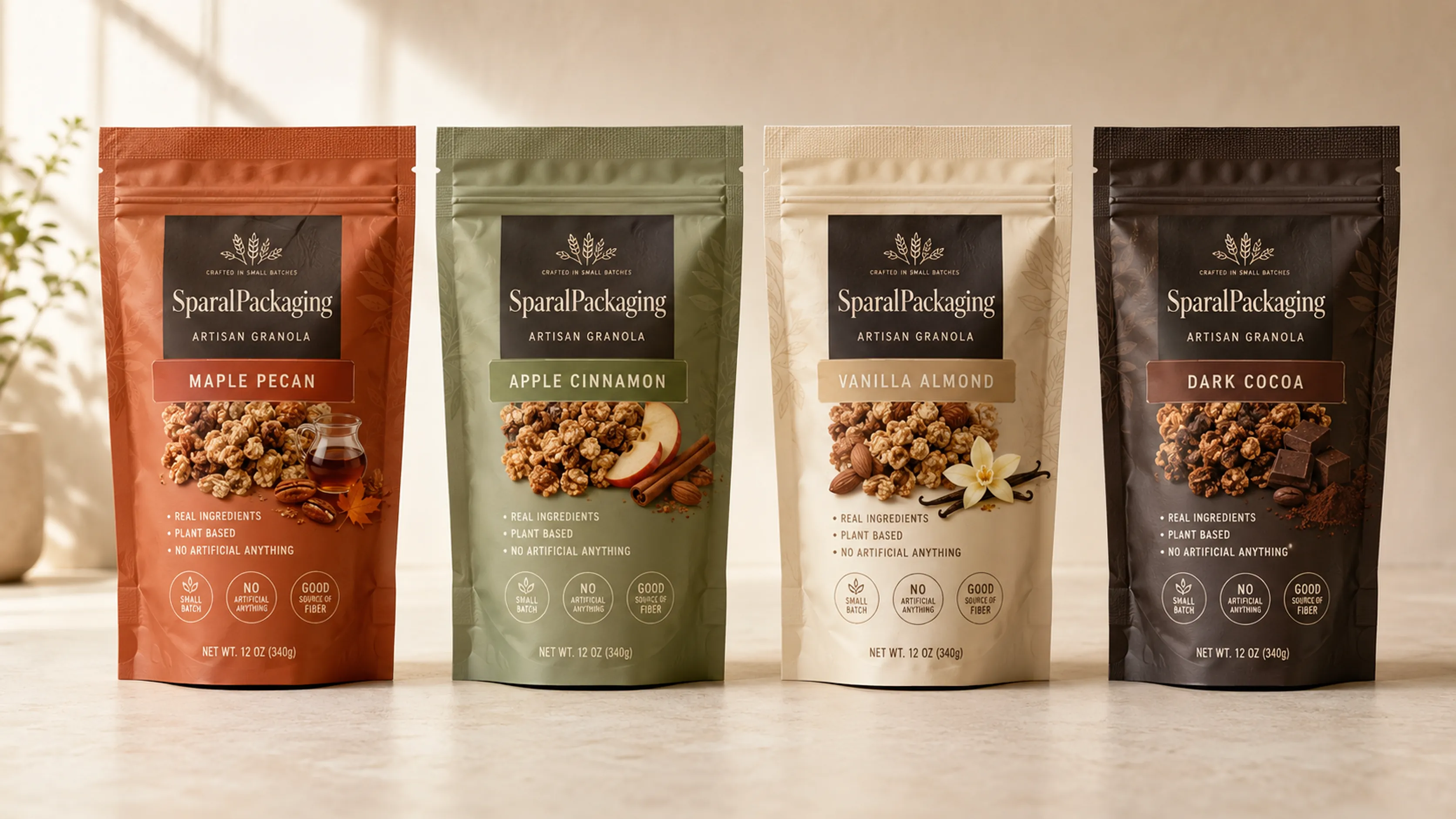 Low MOQ multi-SKU custom printed pouch family — four coordinated flavor colorways produced by Sparal Packaging