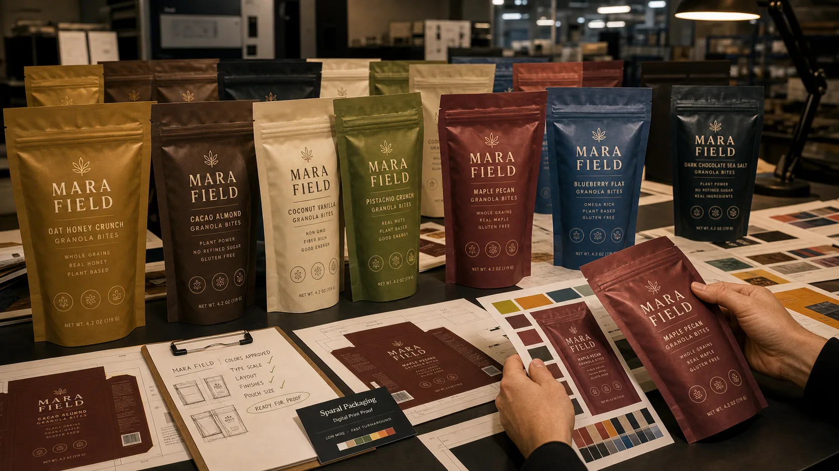 Digital print packaging proof table with many finished granola and snack pouch variants, printed film, SKU map, and Sparal Packaging proof card