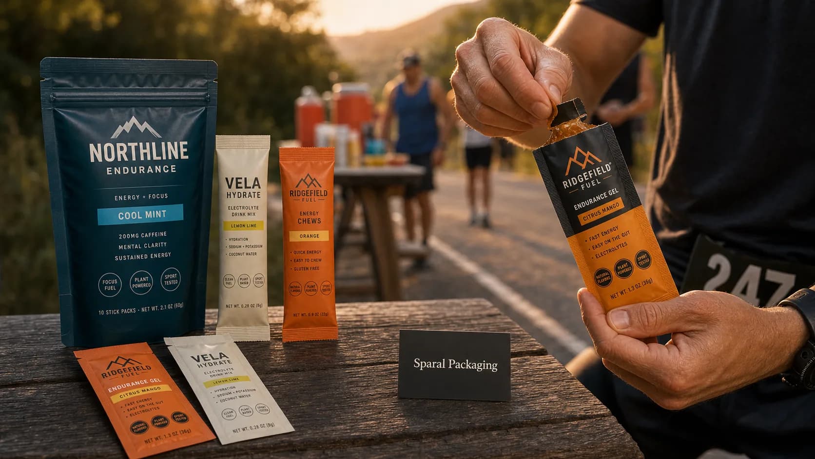 Athlete tearing open an energy gel sachet beside stick packs and a parent pouch