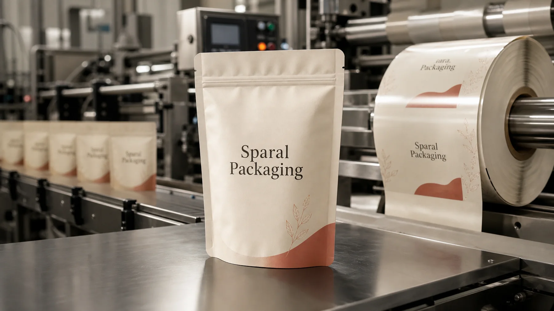 Sparal Packaging branded pouch on a clean flexible packaging production line