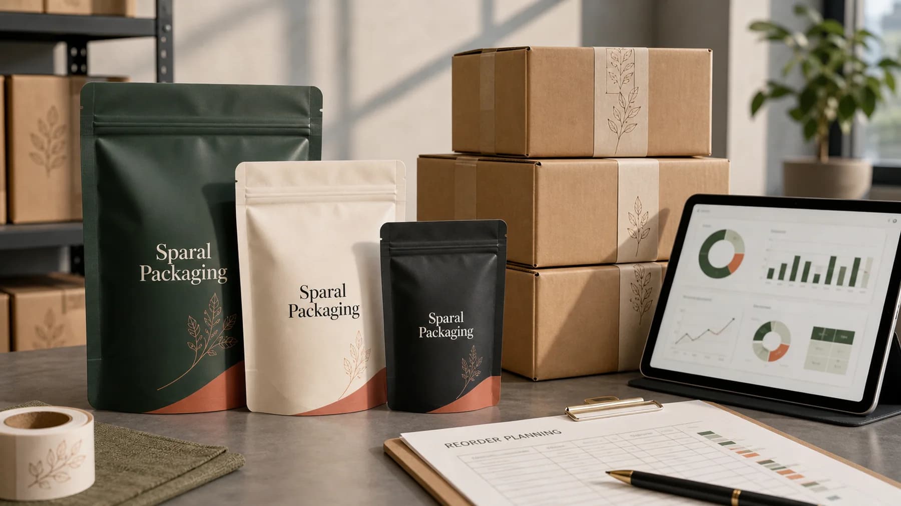 Sparal Packaging pouch family with reorder cartons and planning dashboard