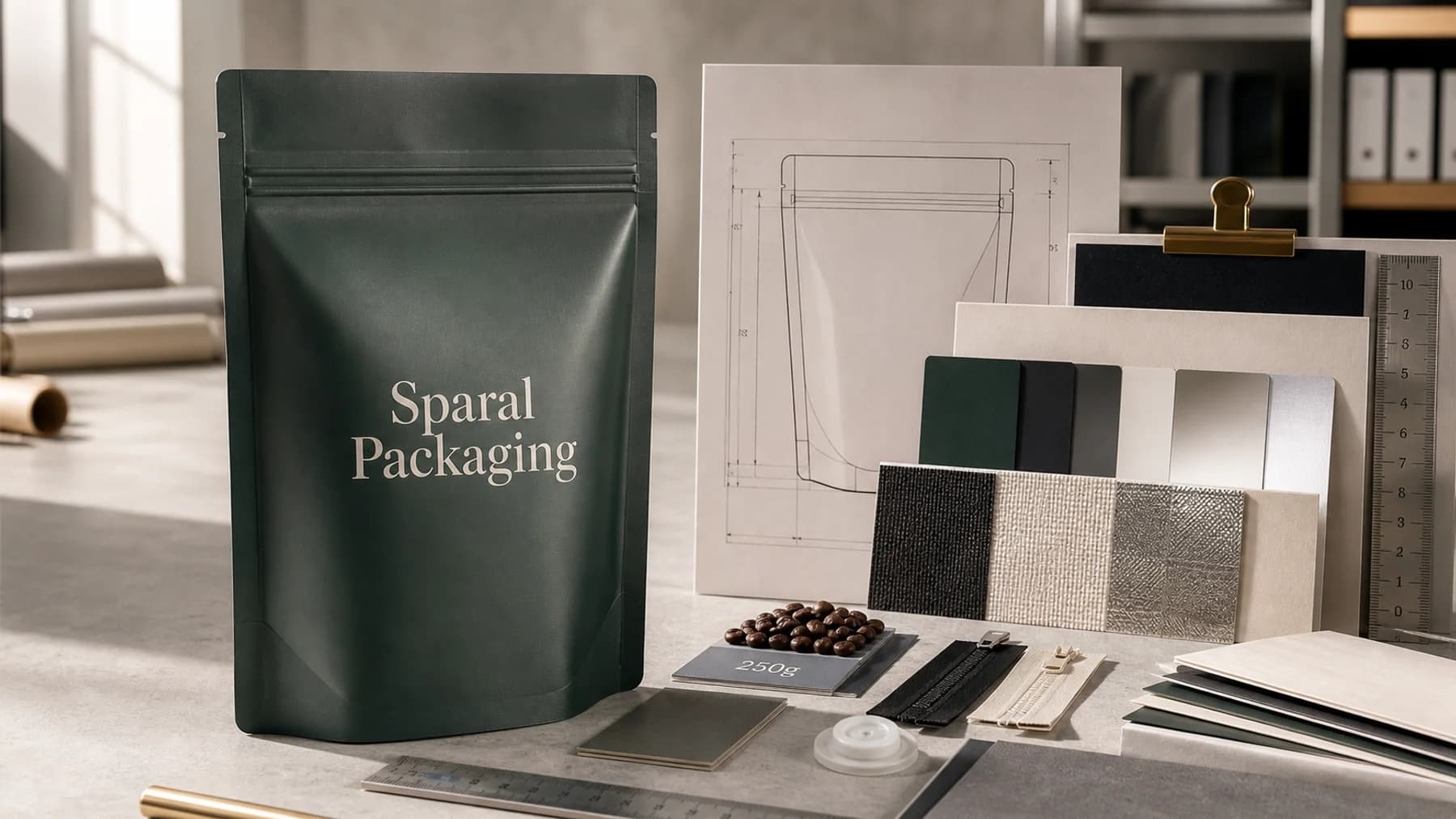 Sparal Packaging pouch beside material swatches and packaging specification sheet