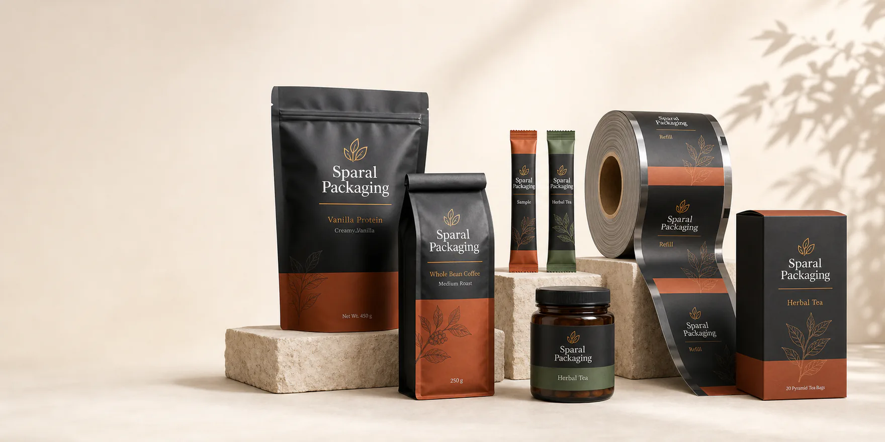 Sparal Packaging pouches, stick pack, rollstock, jar, and folding cartons arranged as one coordinated packaging system