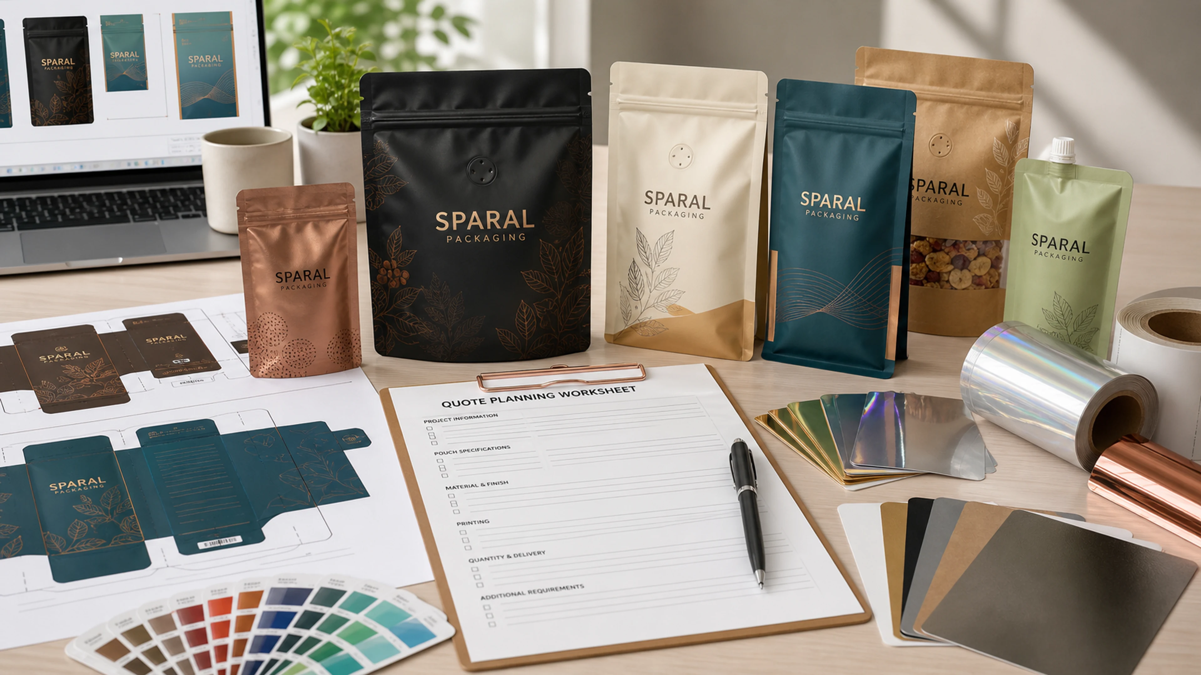 Packaging RFQ kit with printed pouch proofs, dielines, quote notes, and production planning materials.