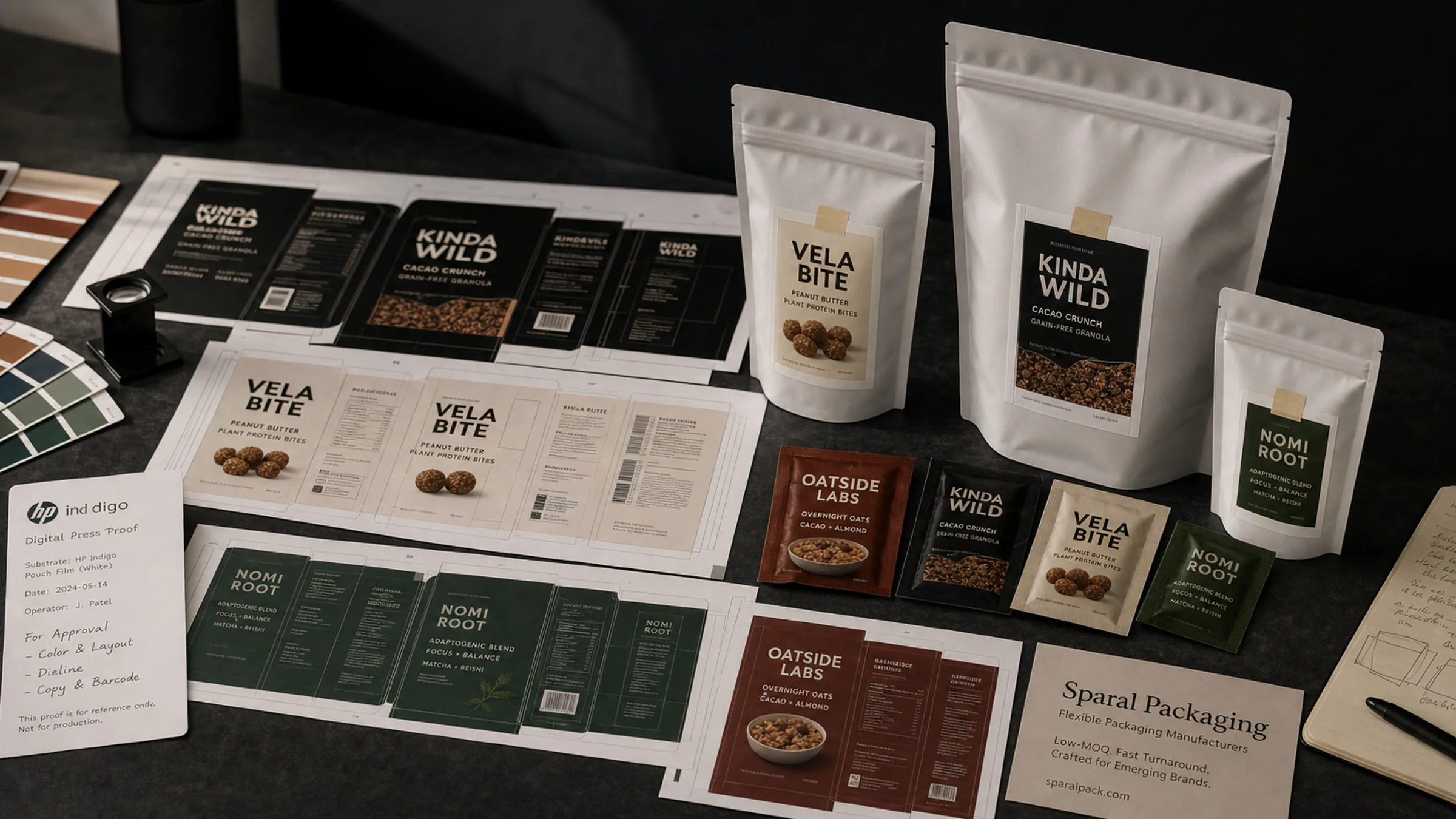Low MOQ packaging proof table with blank sample pouches, cards, labels, and production notes