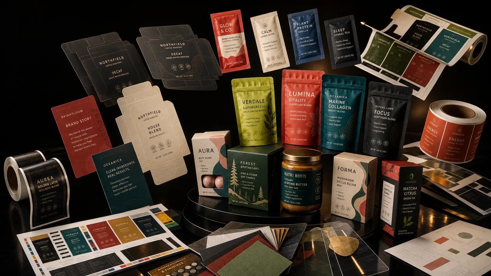 Low MOQ packaging command system with pouches, boxes, labels, cards, sample sachets, printed film, and material swatches.