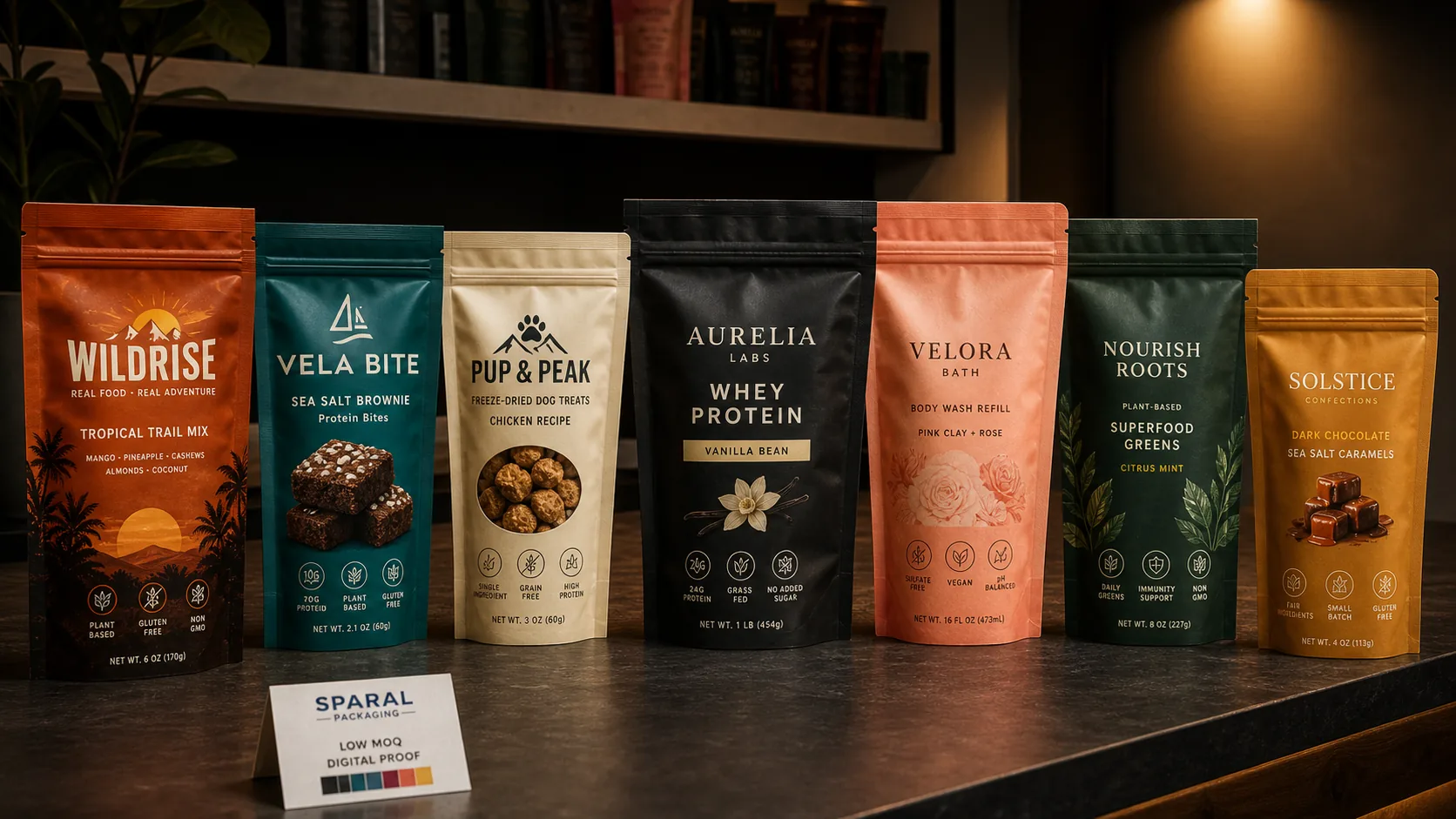 High-impact low MOQ custom pouch retail wall with fictional snack, protein, pet treat, refill, greens, and confectionery pouches plus Sparal Packaging digital proof card.