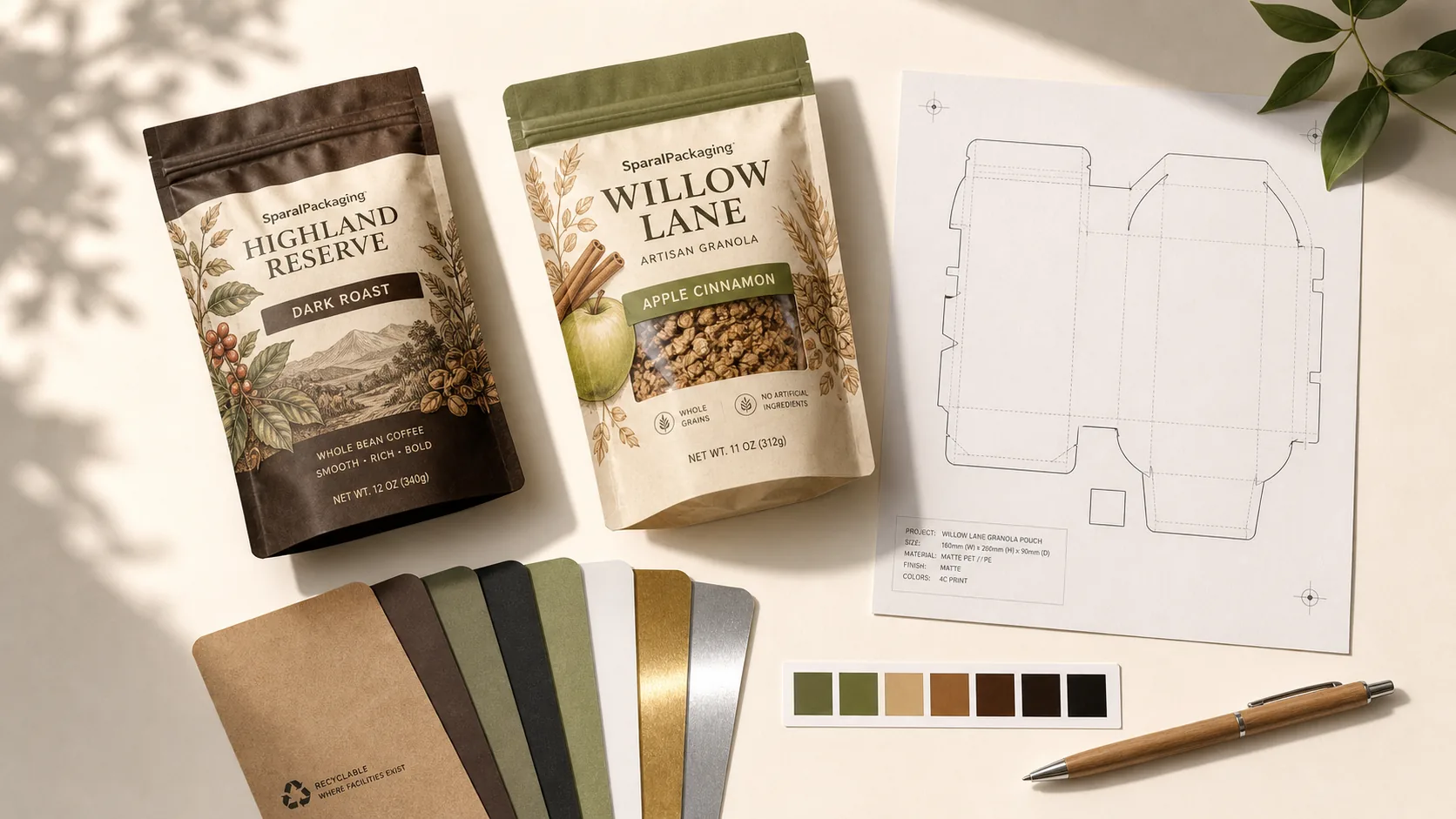 What to send for a packaging quote — printed pouches, a dieline drawing, material swatches and color chips on a project desk at Sparal Packaging